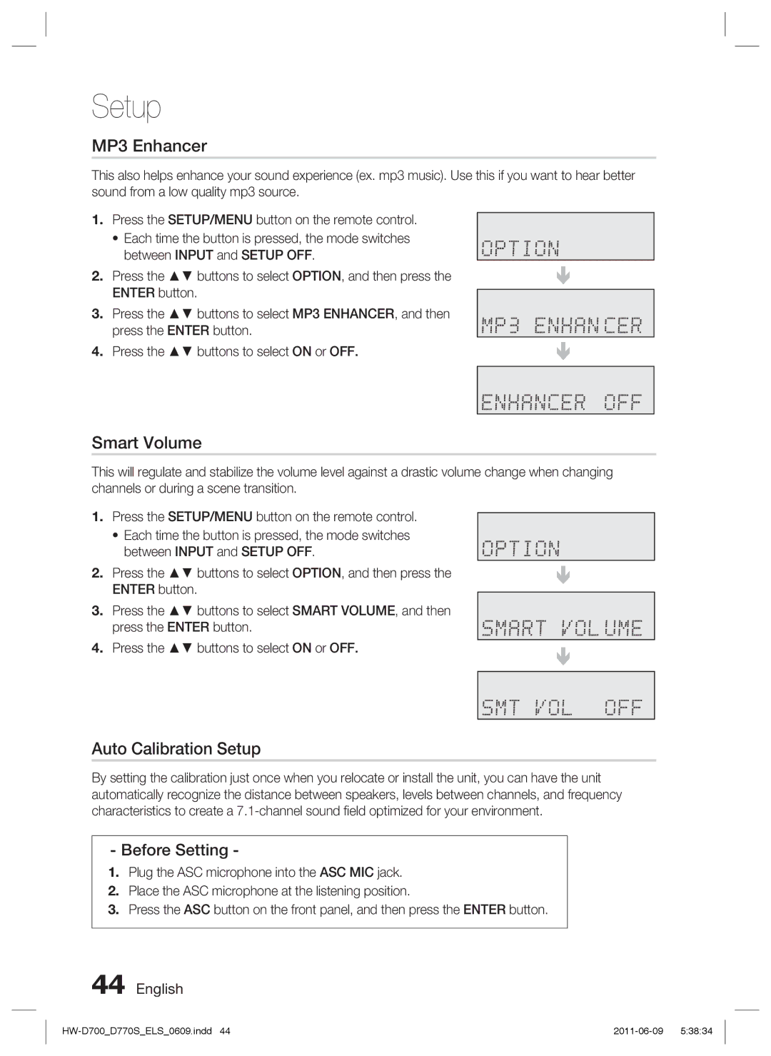 Samsung HW-D700/XE, HW-D770S/EN, HW-D700/EN manual MP3 Enhancer, Smart Volume, Auto Calibration Setup, Before Setting 