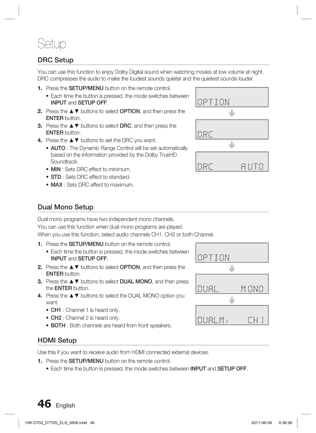 Samsung HW-D700/EN, HW-D770S/EN, HW-D700/XE manual DRC Setup, Dual Mono Setup, Hdmi Setup 