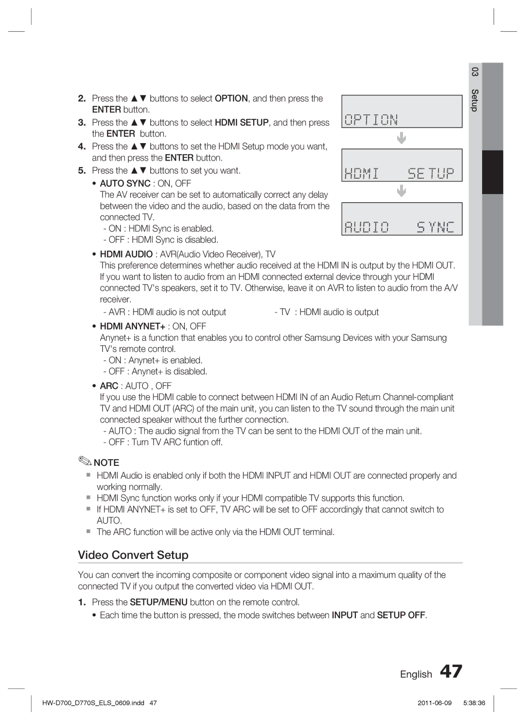 Samsung HW-D700/XE, HW-D770S/EN, HW-D700/EN Video Convert Setup, Auto Sync ON, OFF, Hdmi ANYNET+ ON, OFF, ARC Auto , OFF 