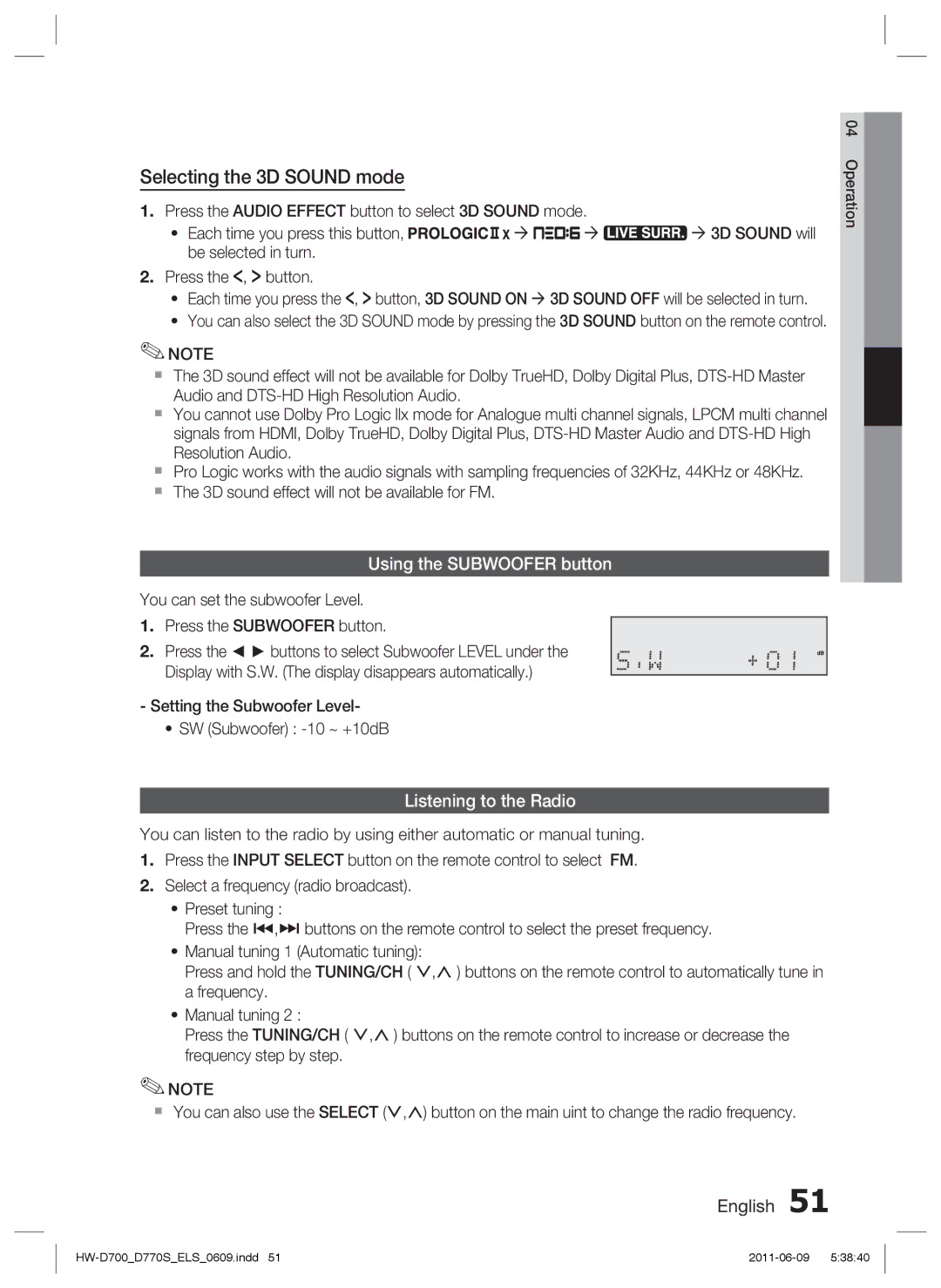 Samsung HW-D770S/EN, HW-D700/EN, HW-D700/XE Selecting the 3D Sound mode, Using the Subwoofer button, Listening to the Radio 
