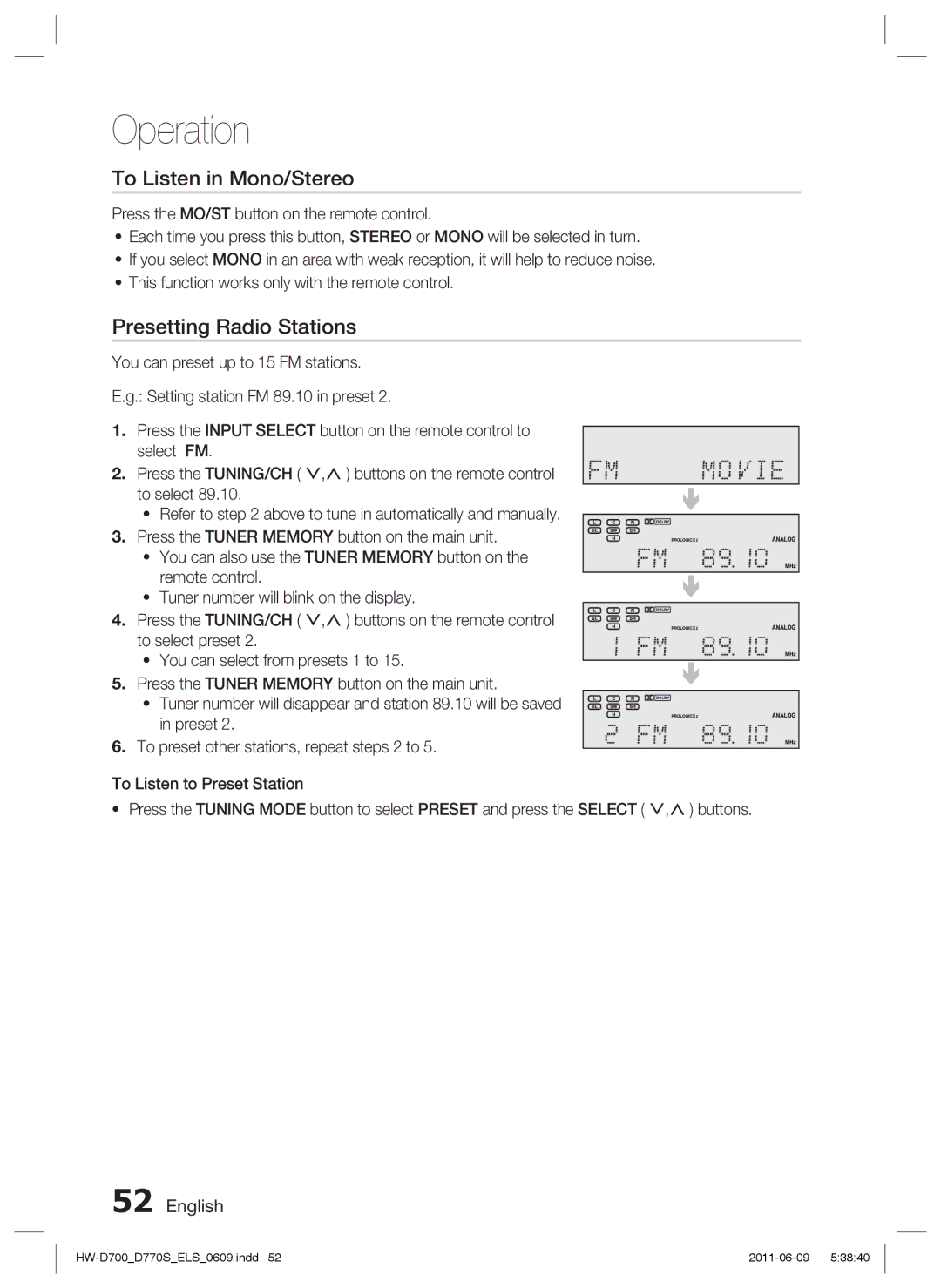 Samsung HW-D700/EN, HW-D770S/EN, HW-D700/XE manual To Listen in Mono/Stereo, Presetting Radio Stations 