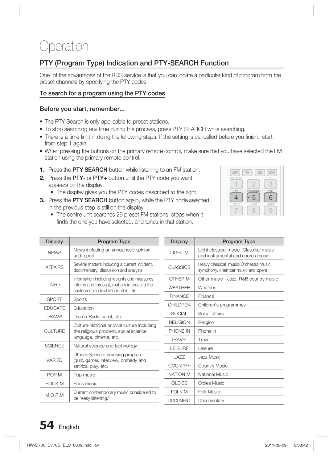 Samsung HW-D770S/EN, HW-D700/EN, HW-D700/XE manual PTY Program Type Indication and PTY-SEARCH Function, Report 