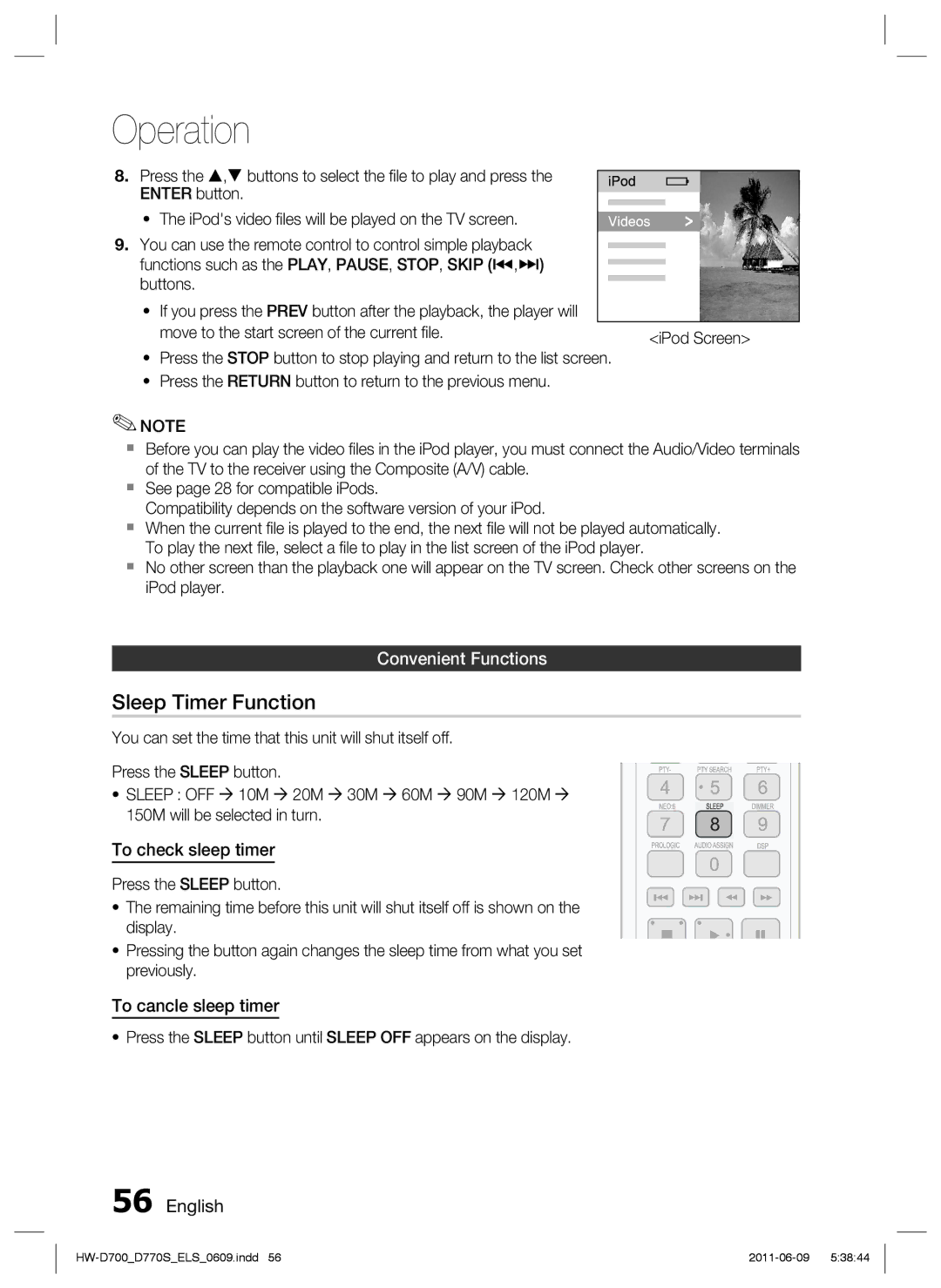 Samsung HW-D700/XE, HW-D770S/EN, HW-D700/EN manual Sleep Timer Function, Convenient Functions 