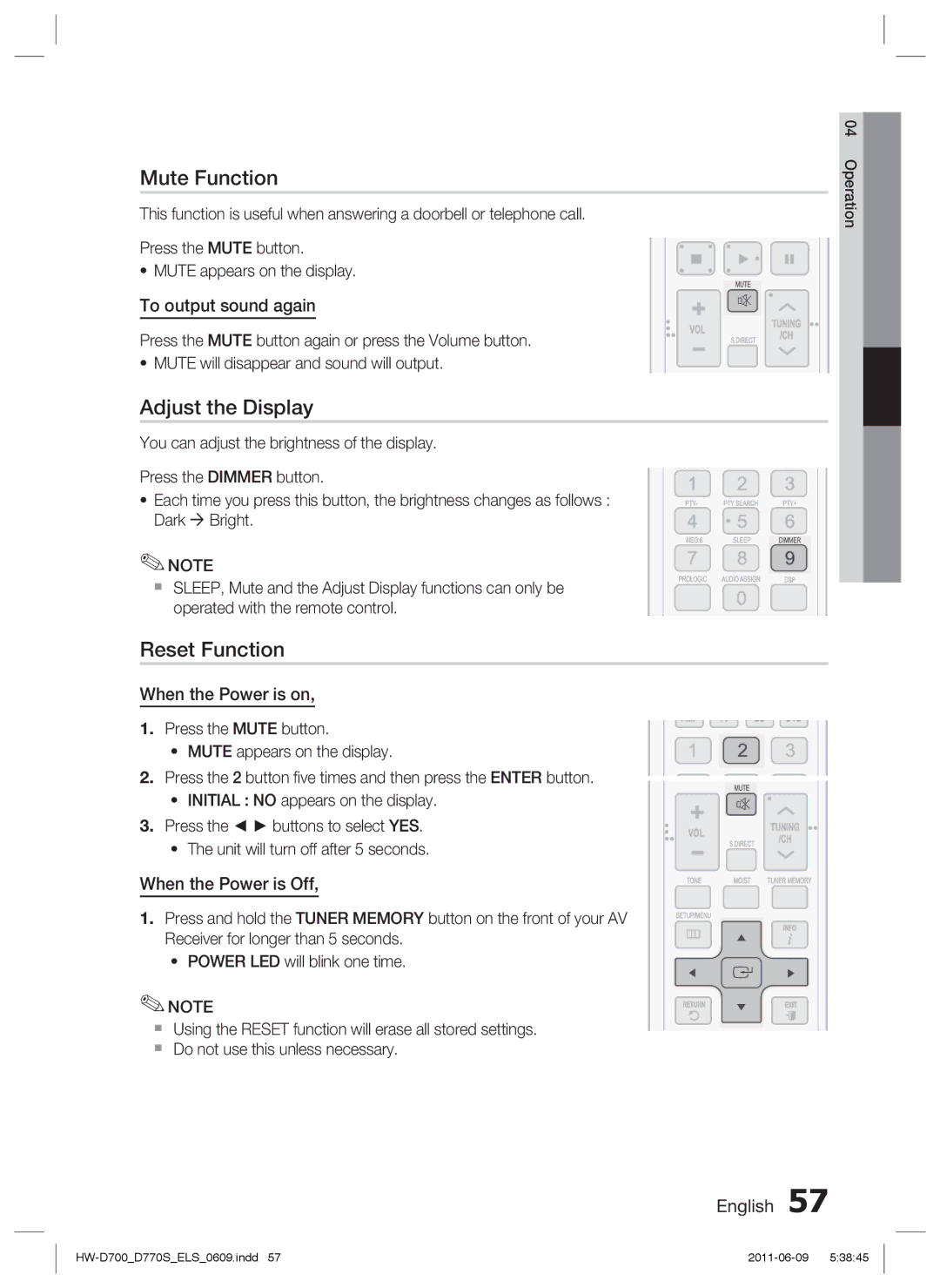 Samsung HW-D770S/EN, HW-D700/EN, HW-D700/XE manual Mute Function, Adjust the Display, Reset Function 