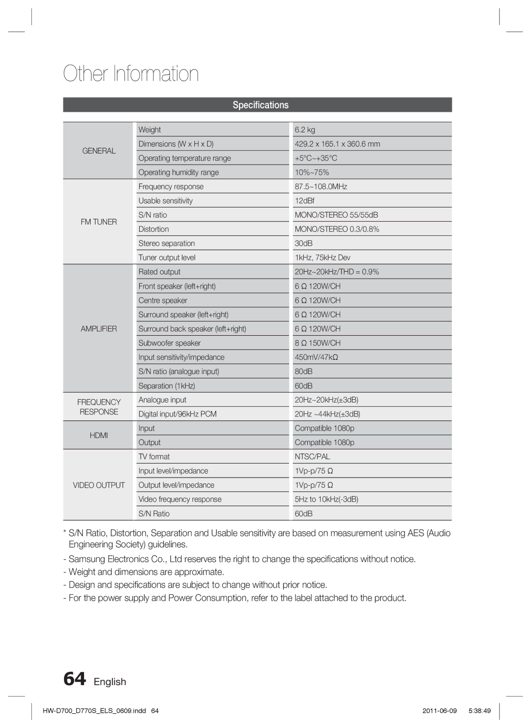 Samsung HW-D700/EN, HW-D770S/EN, HW-D700/XE manual Speciﬁcations 