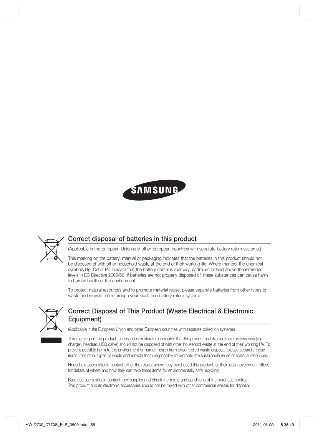 Samsung HW-D770S/EN, HW-D700/EN, HW-D700/XE manual Correct disposal of batteries in this product 