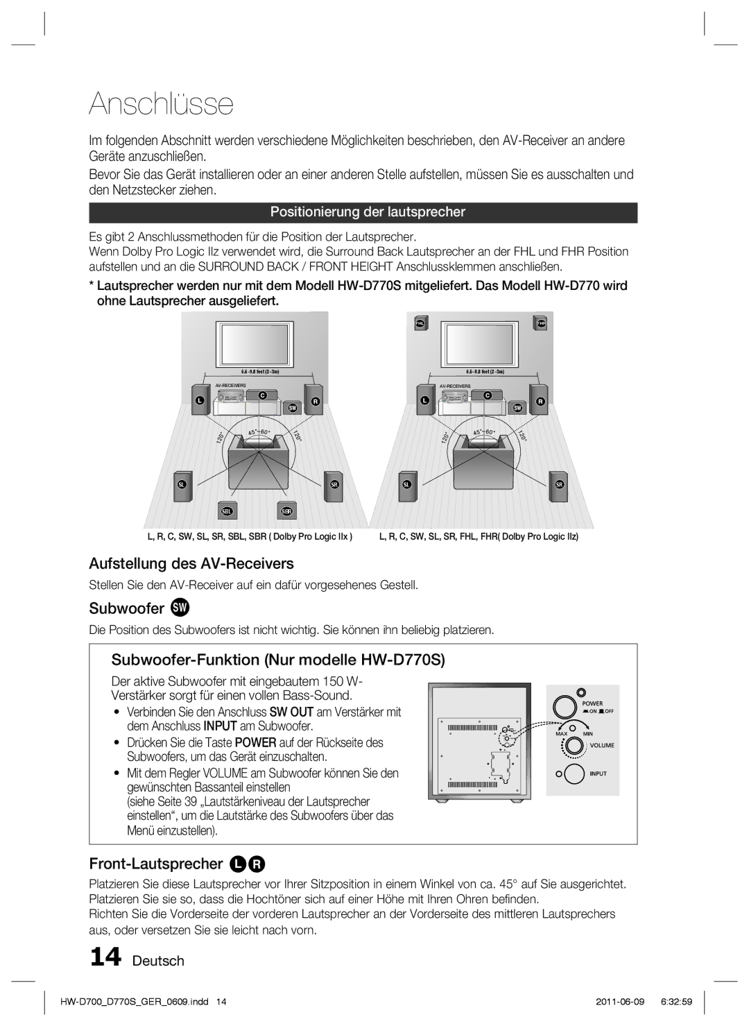 Samsung HW-D770S/EN manual Anschlüsse, Aufstellung des AV-Receivers, Subwoofer g, Subwoofer-Funktion Nur modelle HW-D770S 