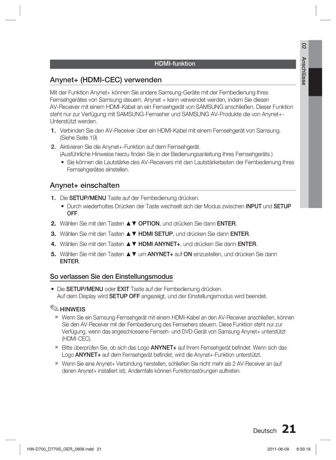 Samsung HW-D700/EN Anynet+ HDMI-CEC verwenden, Anynet+ einschalten, So verlassen Sie den Einstellungsmodus, HDMI-funktion 