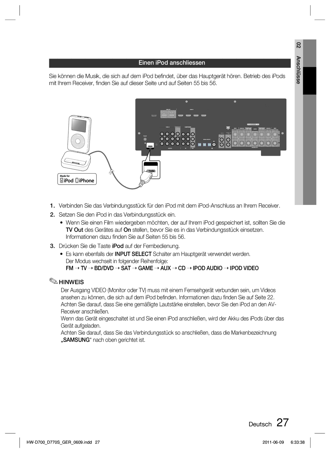 Samsung HW-D700/EN, HW-D770S/EN manual Einen iPod anschliessen, FM TV BD/DVD SAT Game AUX CD Ipod Audio Ipod Video Hinweis 