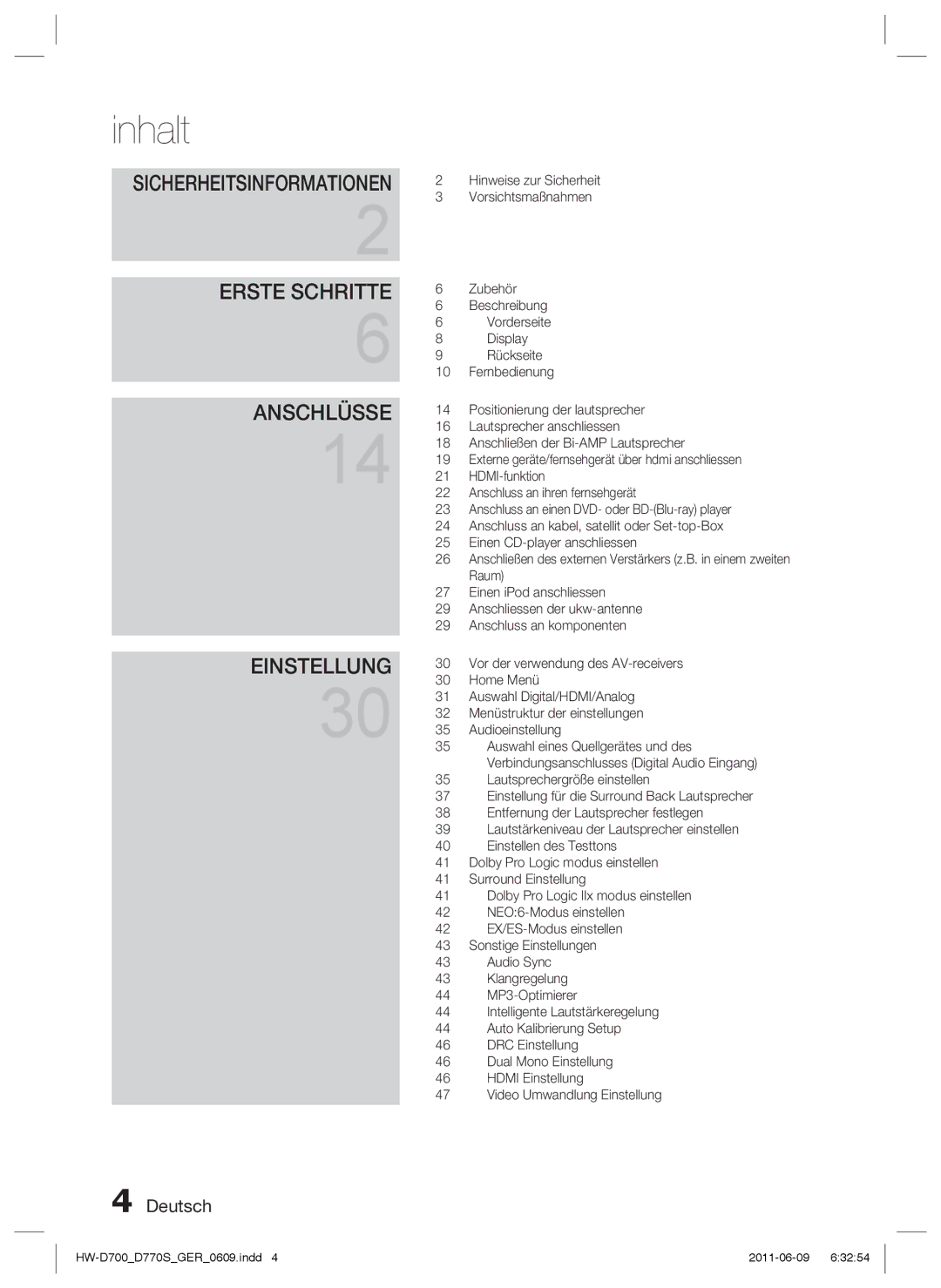 Samsung HW-D770S/EN, HW-D700/EN manual Inhalt, Sicherheitsinformationen 