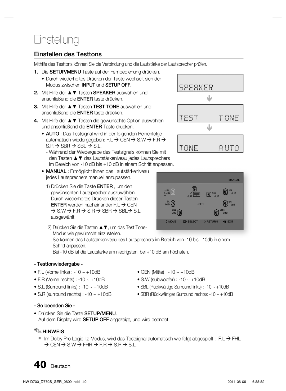 Samsung HW-D770S/EN, HW-D700/EN manual Einstellen des Testtons 