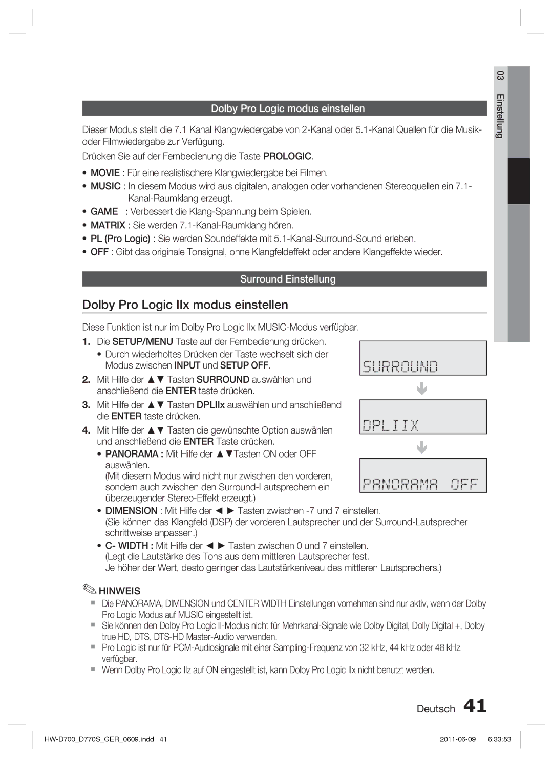 Samsung HW-D700/EN manual Dolby Pro Logic IIx modus einstellen, Dolby Pro Logic modus einstellen, Surround Einstellung 