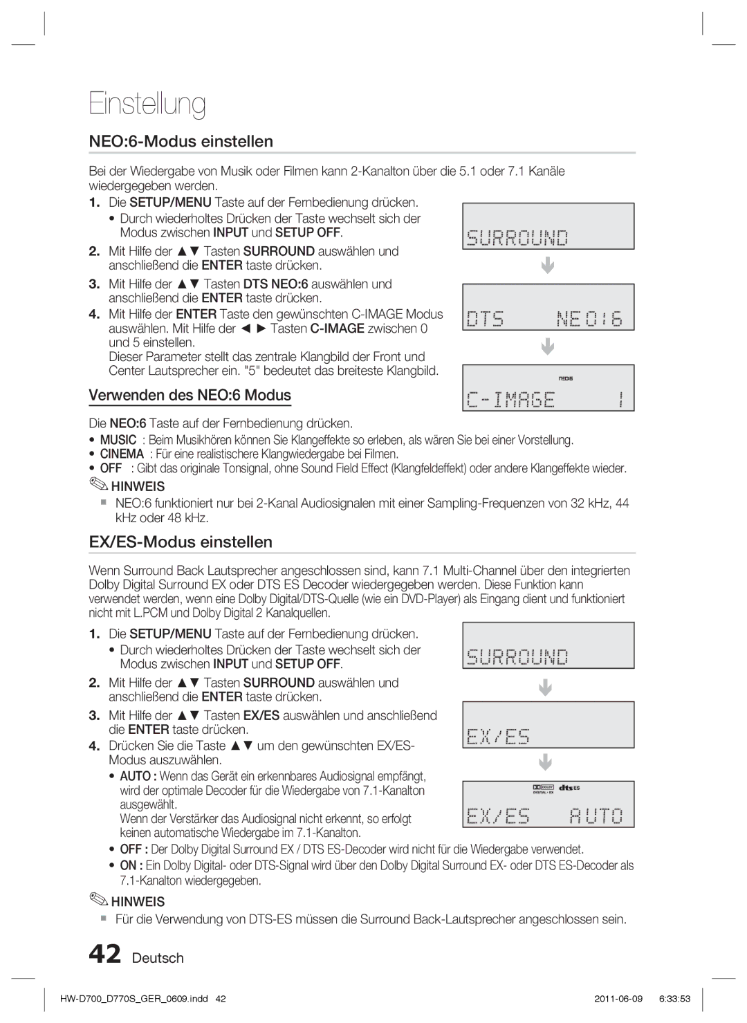 Samsung HW-D770S/EN, HW-D700/EN manual NEO6-Modus einstellen, EX/ES-Modus einstellen, Verwenden des NEO6 Modus 