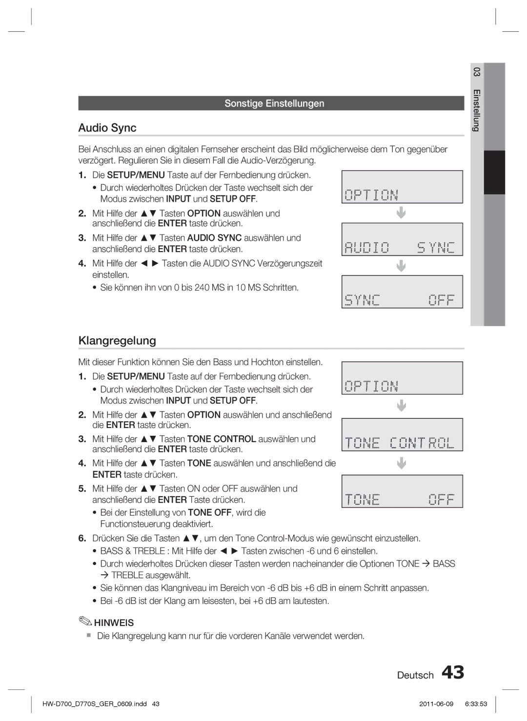 Samsung HW-D700/EN, HW-D770S/EN manual Audio Sync, Klangregelung, Sonstige Einstellungen 