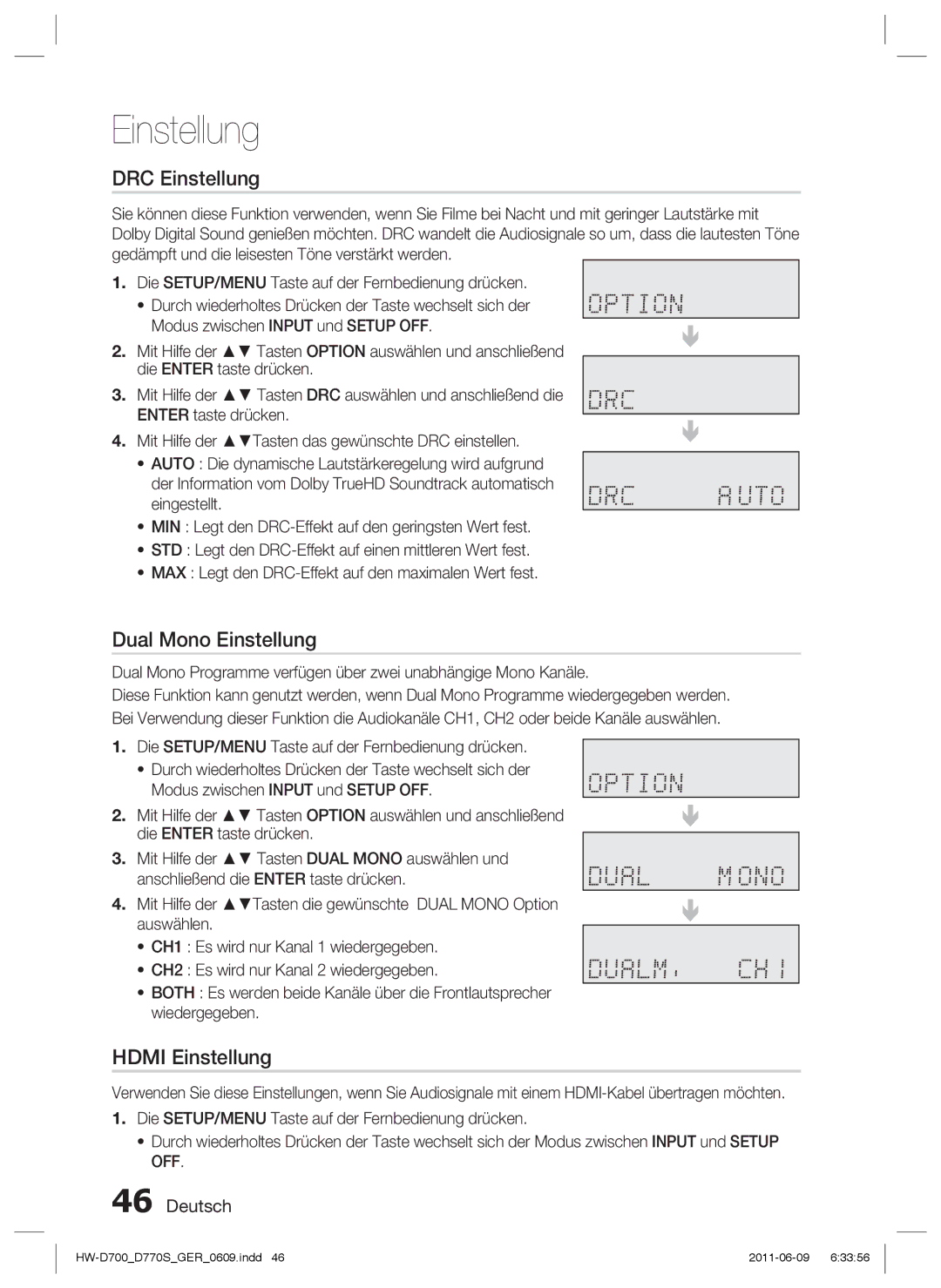 Samsung HW-D770S/EN, HW-D700/EN manual DRC Einstellung, Dual Mono Einstellung, Hdmi Einstellung 