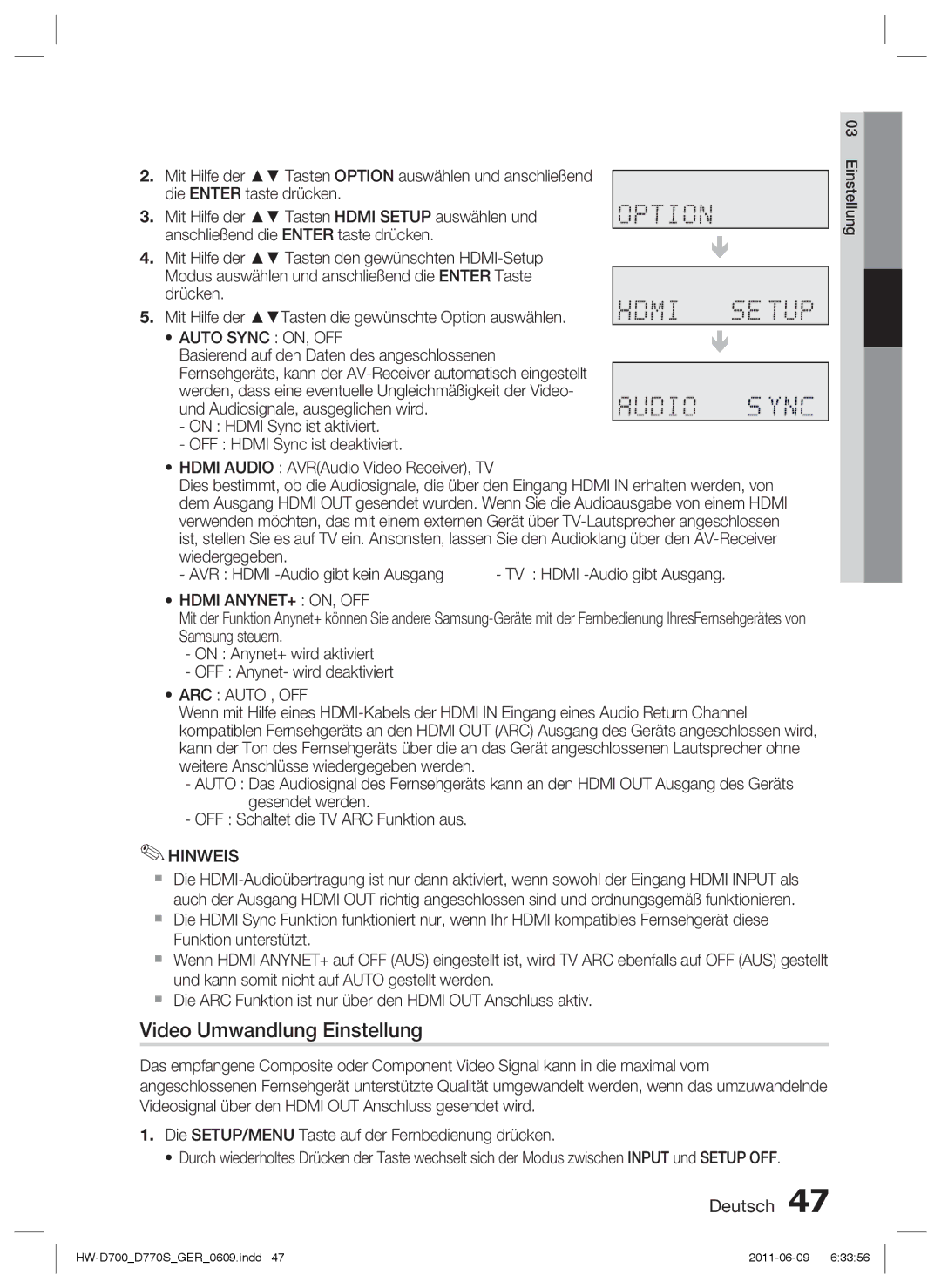 Samsung HW-D700/EN, HW-D770S/EN manual Video Umwandlung Einstellung, Auto Sync ON, OFF, Hdmi ANYNET+ ON, OFF, ARC Auto , OFF 