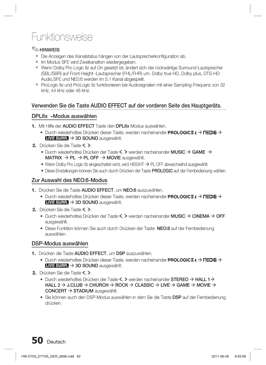 Samsung HW-D770S/EN, HW-D700/EN manual DPLIIx -Modus auswählen, Zur Auswahl des NEO6-Modus, DSP-Modus auswählen 