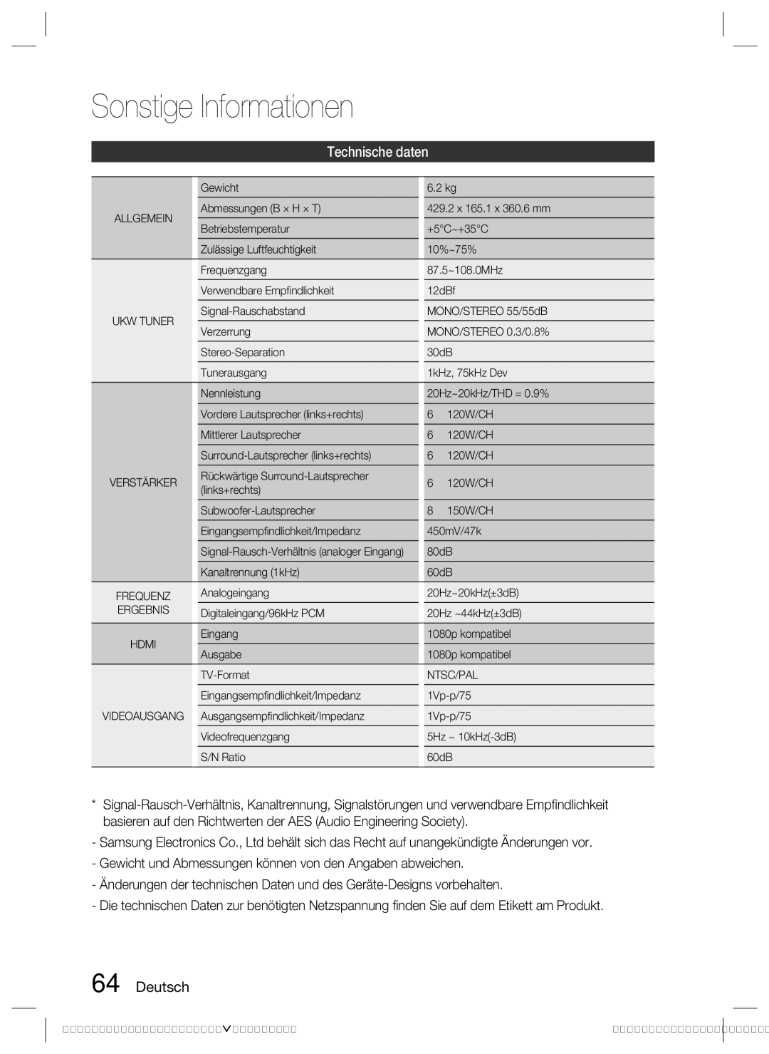 Samsung HW-D770S/EN, HW-D700/EN manual Technische daten, Ntsc/Pal 