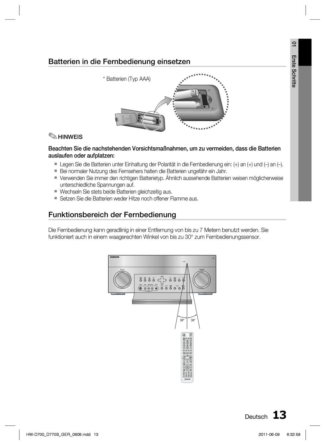 Samsung HW-D700/EN, HW-D770S/EN manual Batterien in die Fernbedienung einsetzen, Funktionsbereich der Fernbedienung, Deutsch 
