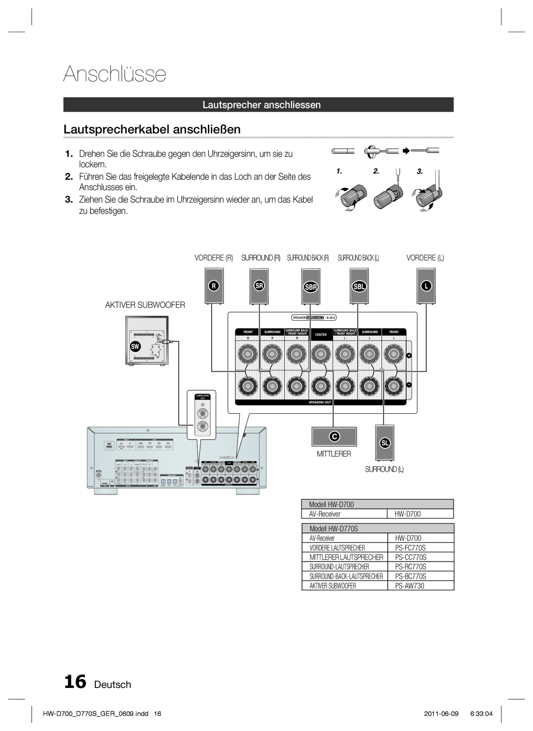 Samsung HW-D770S/EN, HW-D700/EN manual Lautsprecherkabel anschließen, Lautsprecher anschliessen, Deutsch, Anschlüsse 