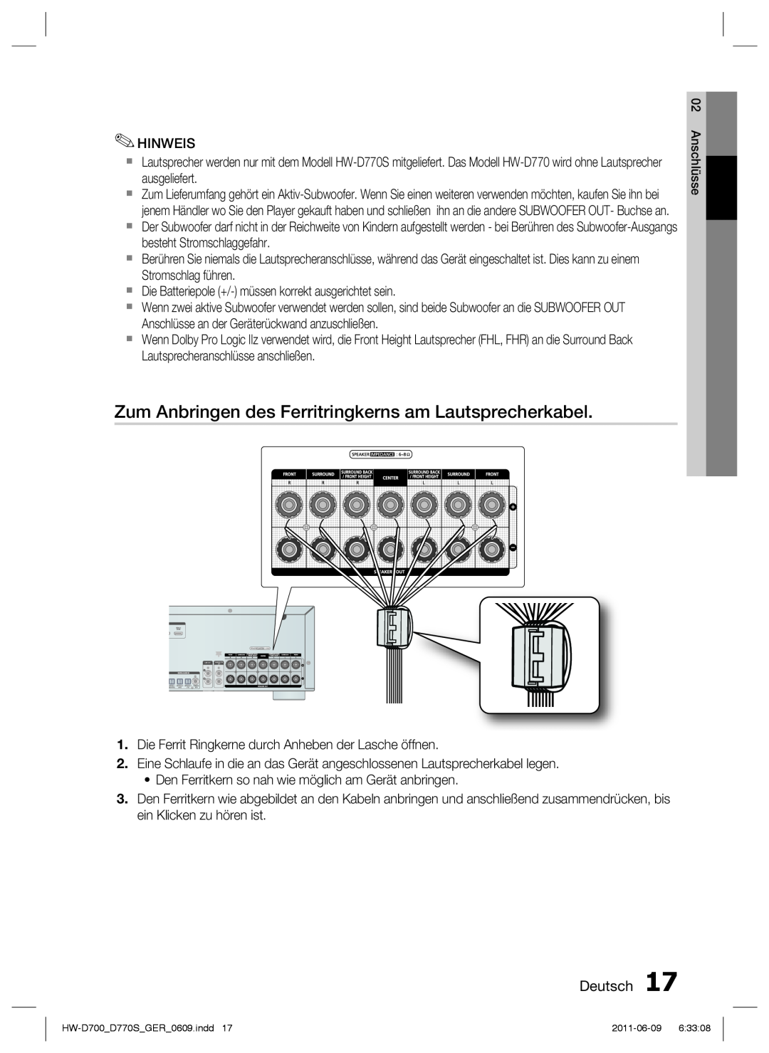 Samsung HW-D700/EN, HW-D770S/EN manual Zum Anbringen des Ferritringkerns am Lautsprecherkabel, Deutsch 