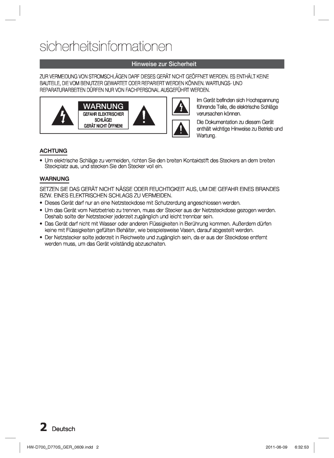 Samsung HW-D770S/EN, HW-D700/EN manual sicherheitsinformationen, Hinweise zur Sicherheit, Deutsch, Warnung 
