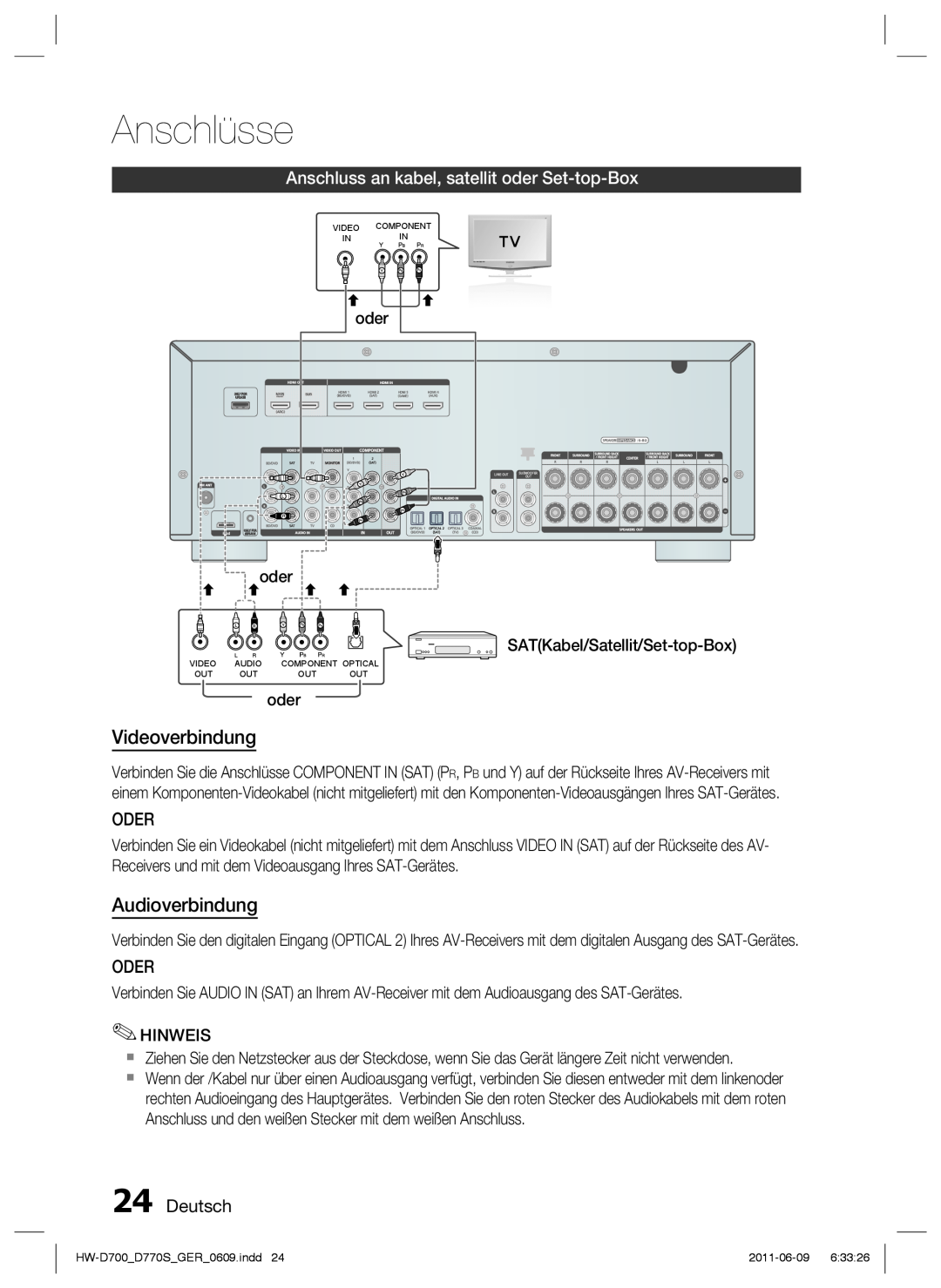 Samsung HW-D770S/EN Anschluss an kabel, satellit oder Set-top-Box, Deutsch, Anschlüsse, Videoverbindung, Audioverbindung 