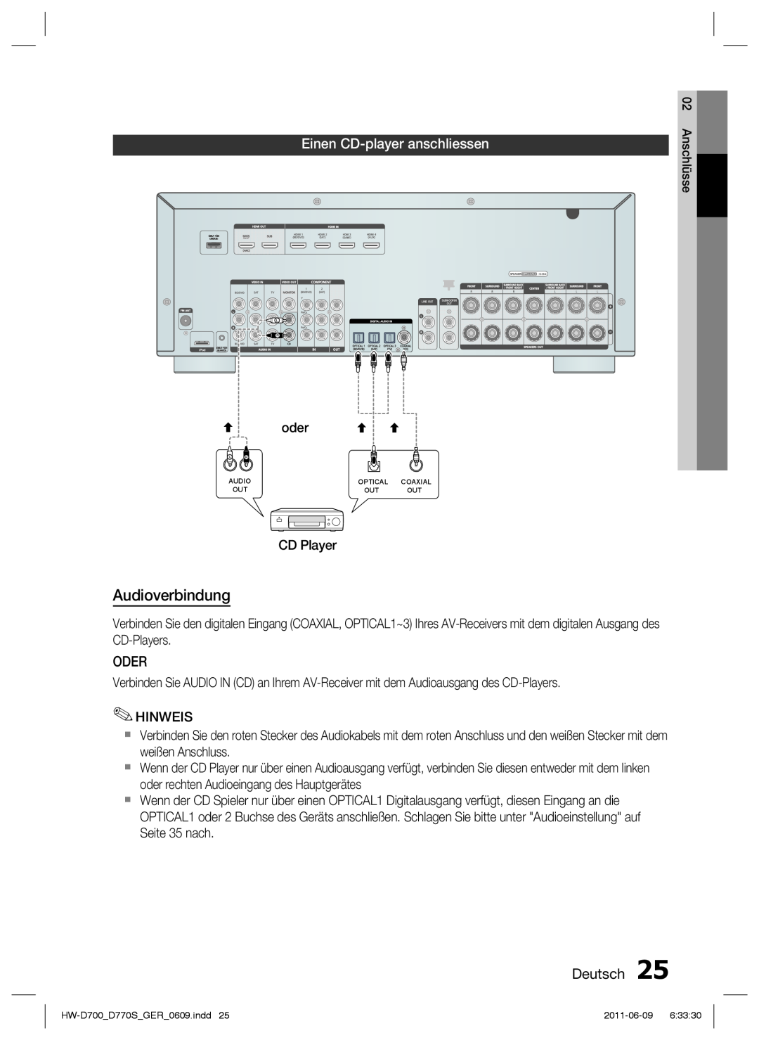 Samsung HW-D700/EN manual Einen CD-player anschliessen, Audioverbindung, Oder, Deutsch, Audio Out, Optical Coaxial Out Out 