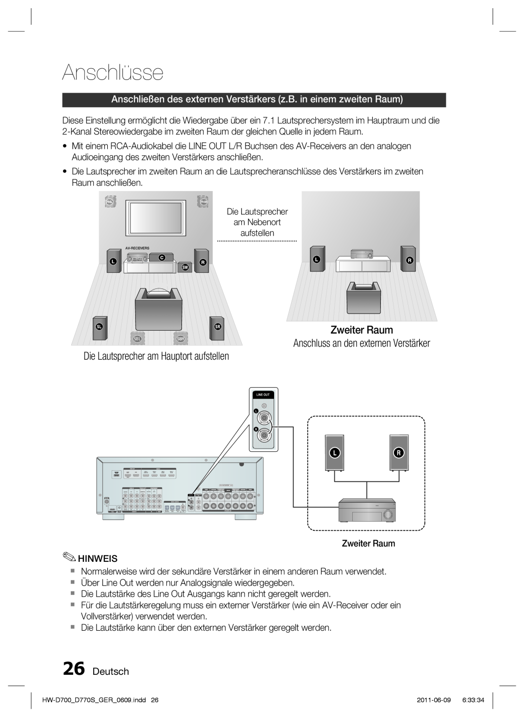 Samsung HW-D770S/EN Zweiter Raum Anschluss an den externen Verstärker, Die Lautsprecher am Hauptort aufstellen, Deutsch 