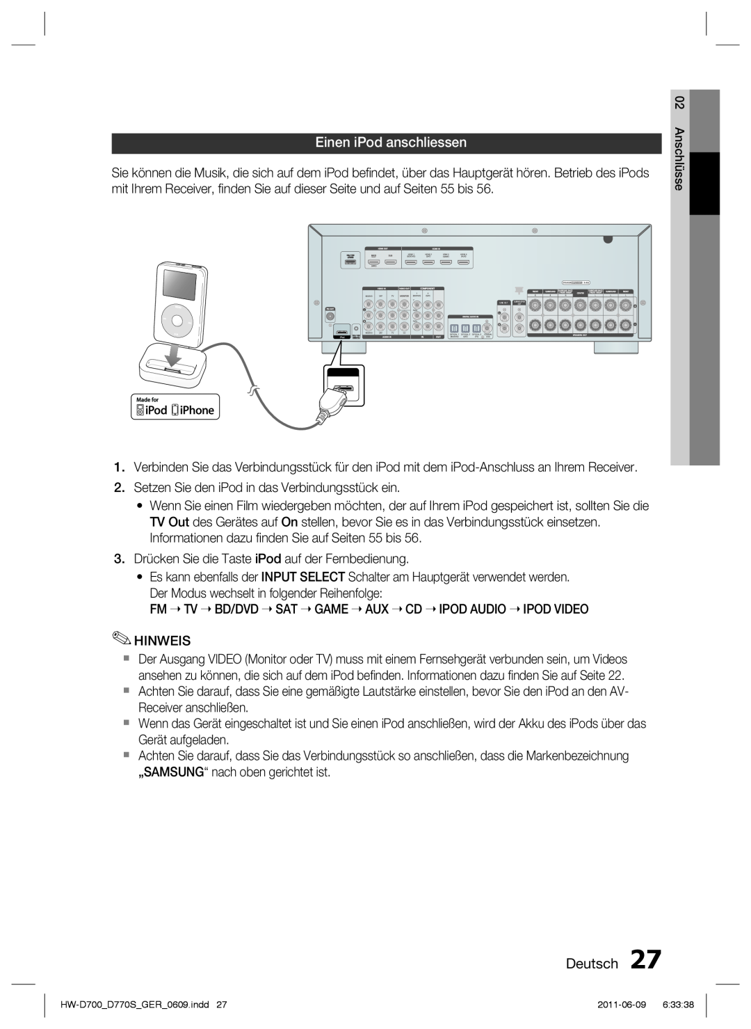 Samsung HW-D700/EN, HW-D770S/EN manual Einen iPod anschliessen, Deutsch 