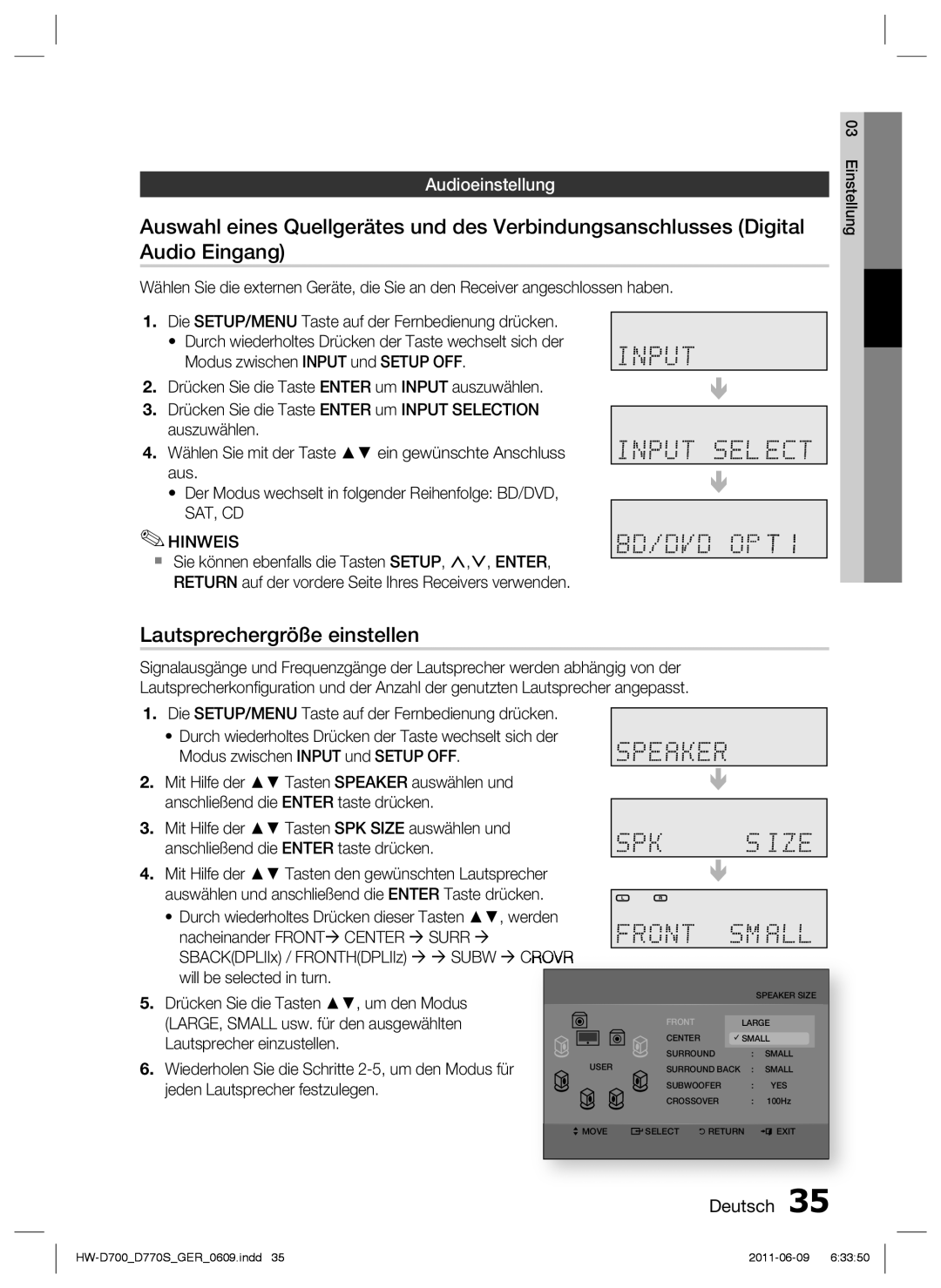 Samsung HW-D700/EN, HW-D770S/EN manual Lautsprechergröße einstellen, Audioeinstellung, Deutsch 