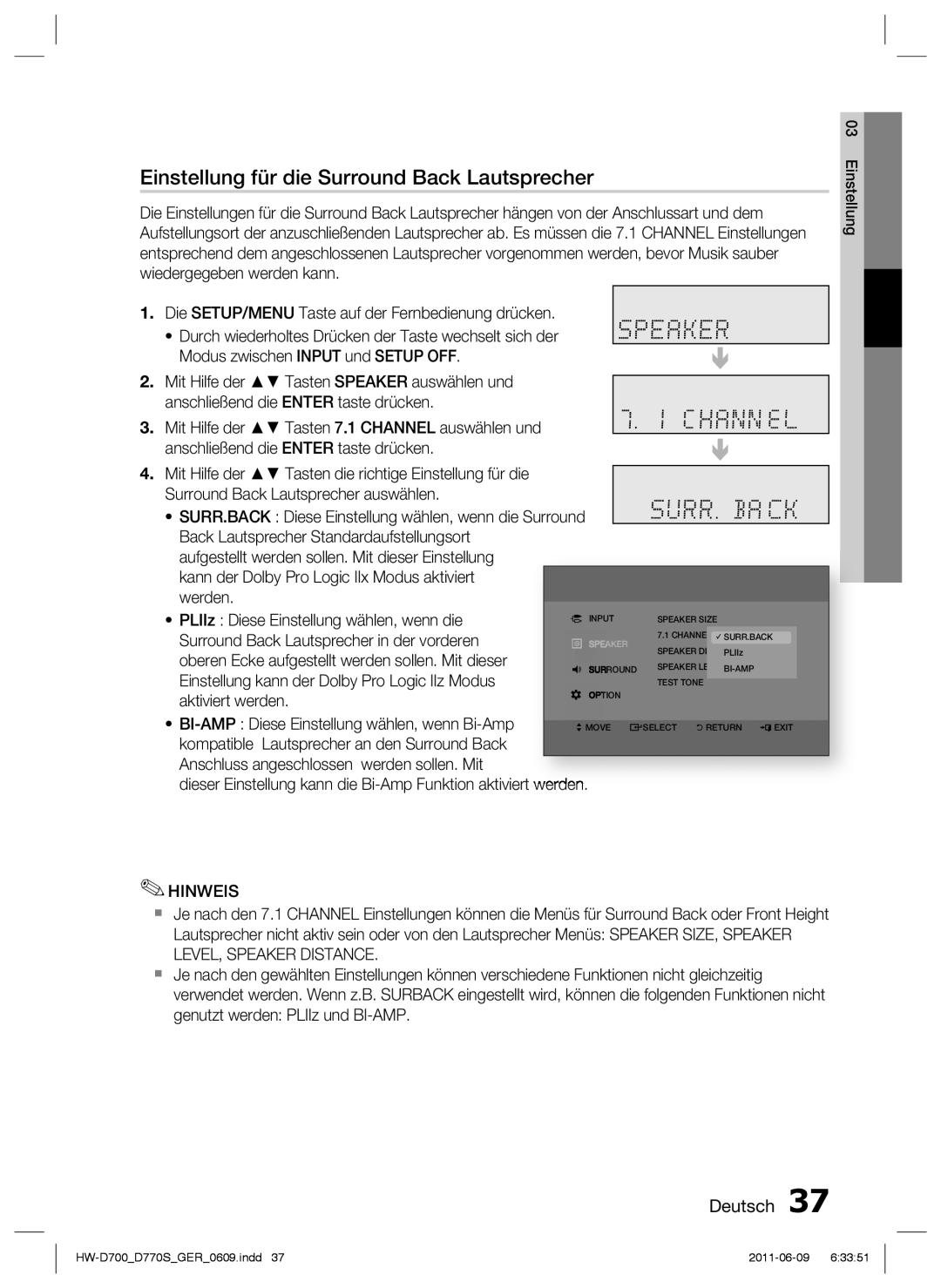 Samsung HW-D700/EN, HW-D770S/EN manual Einstellung für die Surround Back Lautsprecher, Deutsch, Speaker 
