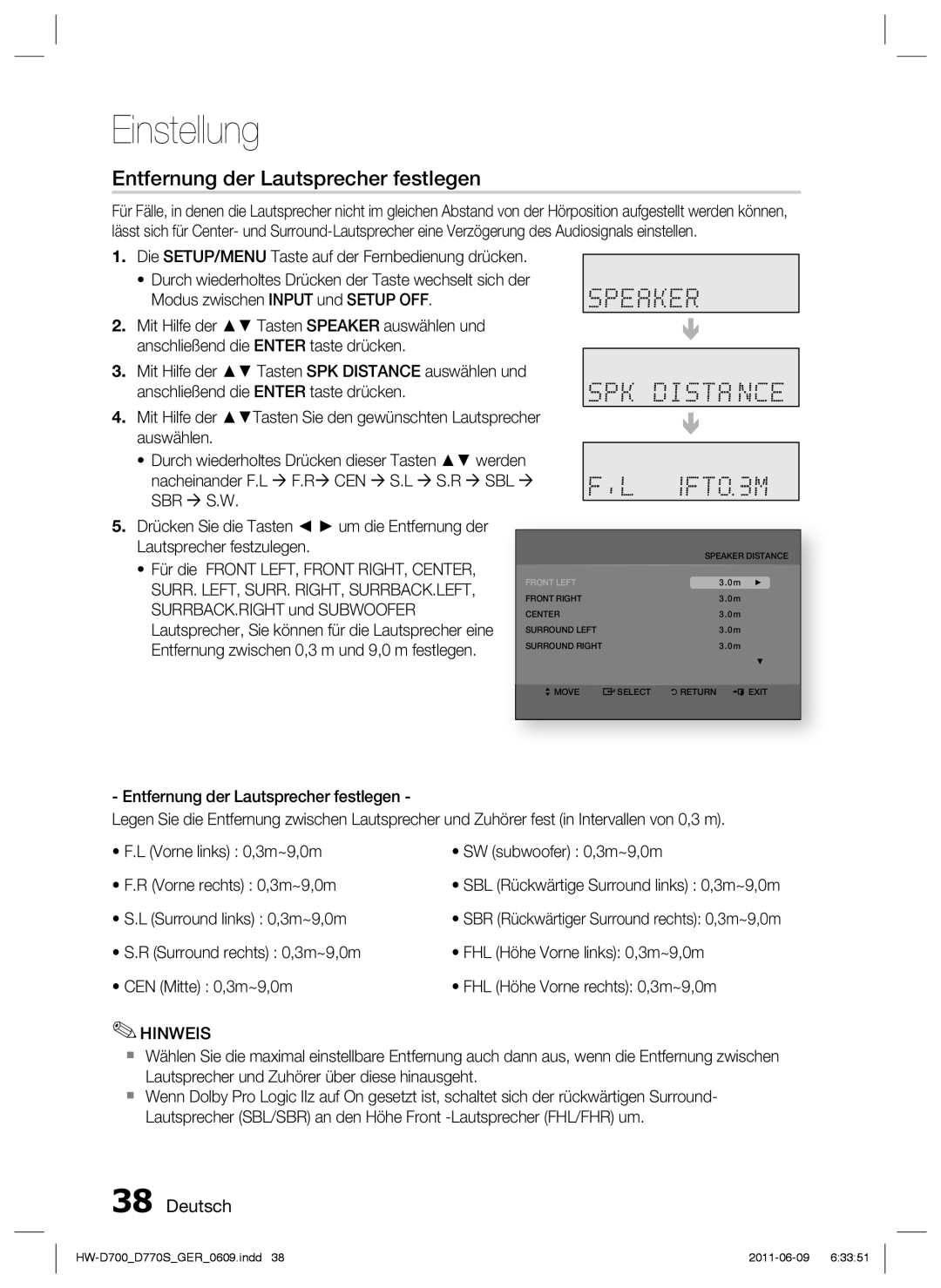 Samsung HW-D770S/EN, HW-D700/EN manual Entfernung der Lautsprecher festlegen, Deutsch, Einstellung 