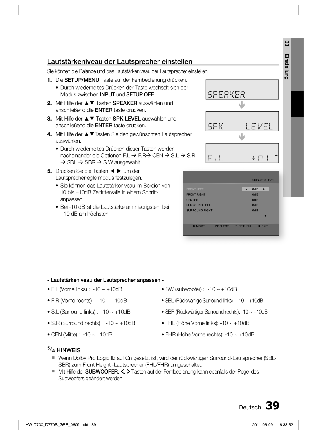 Samsung HW-D700/EN manual Lautstärkeniveau der Lautsprecher einstellen, Deutsch, SBL Rückwärtige Surround links -10 ~ +10dB 