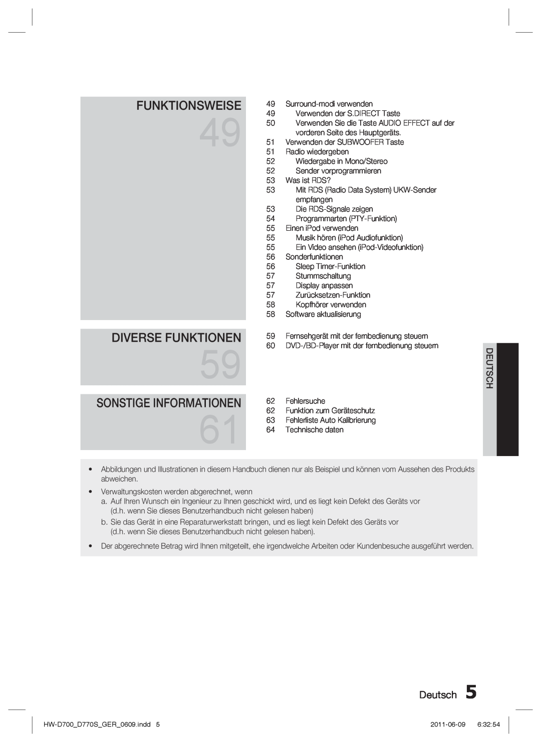 Samsung HW-D700/EN, HW-D770S/EN manual Funktionsweise, Diverse Funktionen, Sonstige Informationen, Deutsch 