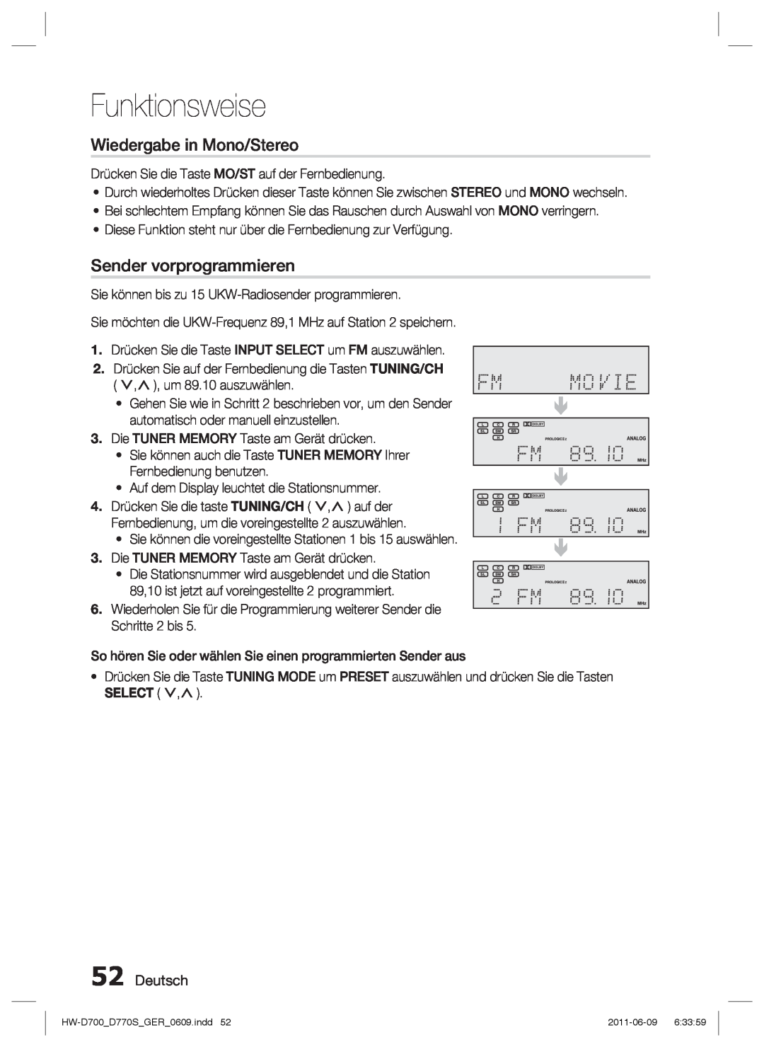 Samsung HW-D770S/EN, HW-D700/EN manual   , Wiedergabe in Mono/Stereo, Sender vorprogrammieren, Deutsch, Funktionsweise 