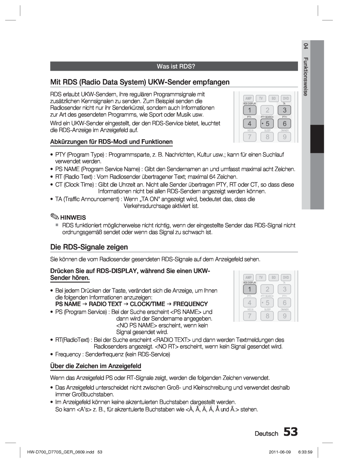 Samsung HW-D700/EN manual Mit RDS Radio Data System UKW-Sender empfangen, Die RDS-Signale zeigen, Was ist RDS?, Deutsch 
