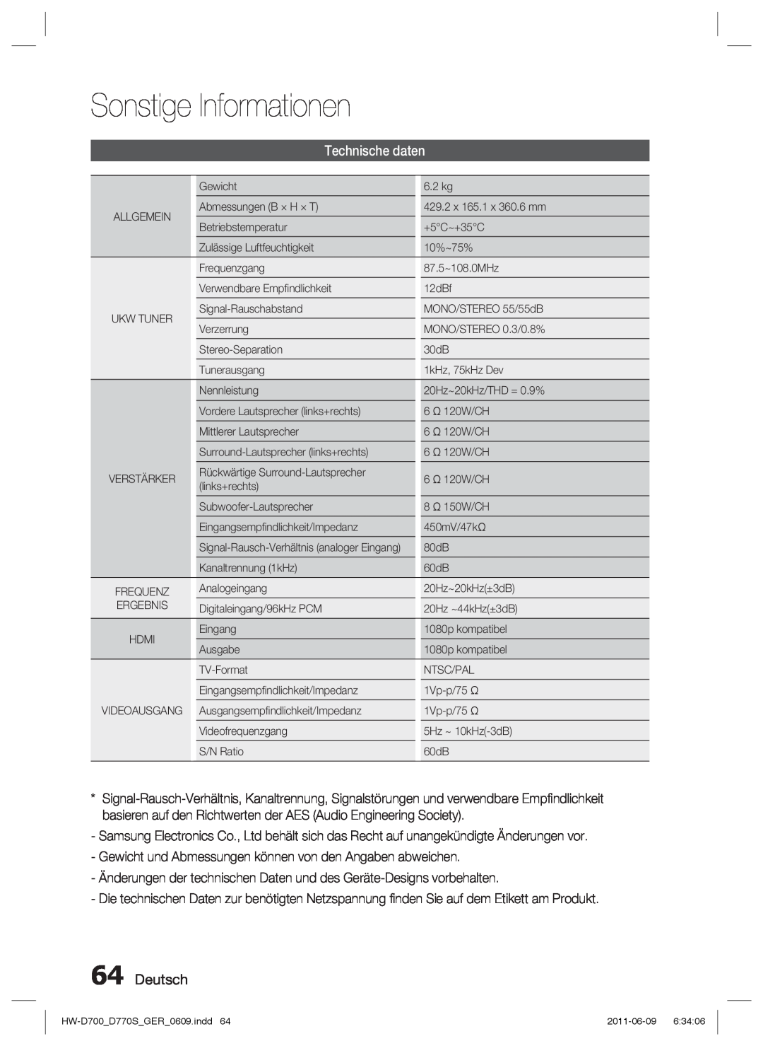 Samsung HW-D770S/EN, HW-D700/EN manual Technische daten, Deutsch, Sonstige Informationen 