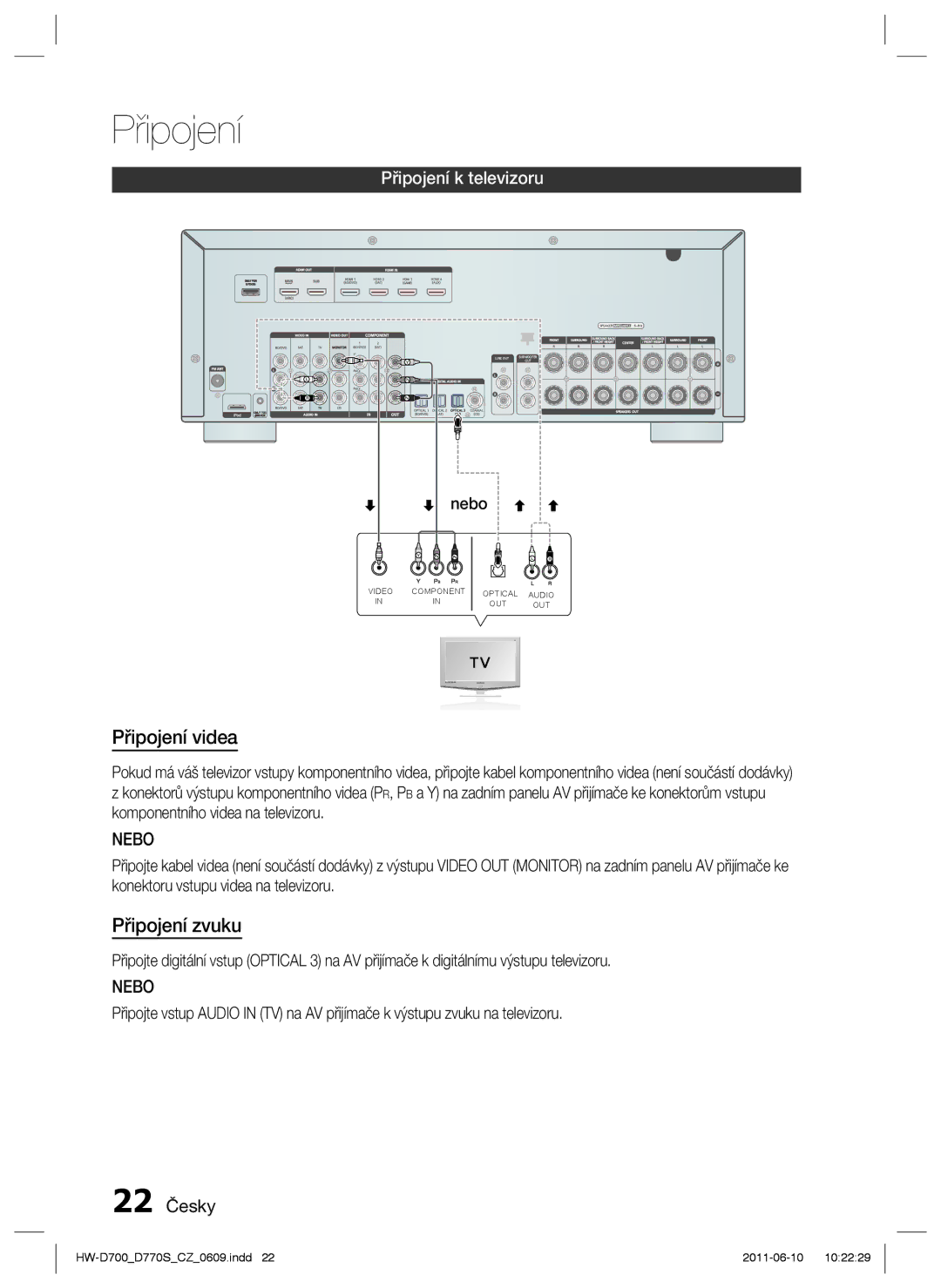 Samsung HW-D770S/EN manual Připojení videa, Připojení zvuku, Připojení k televizoru, 22 Česky 