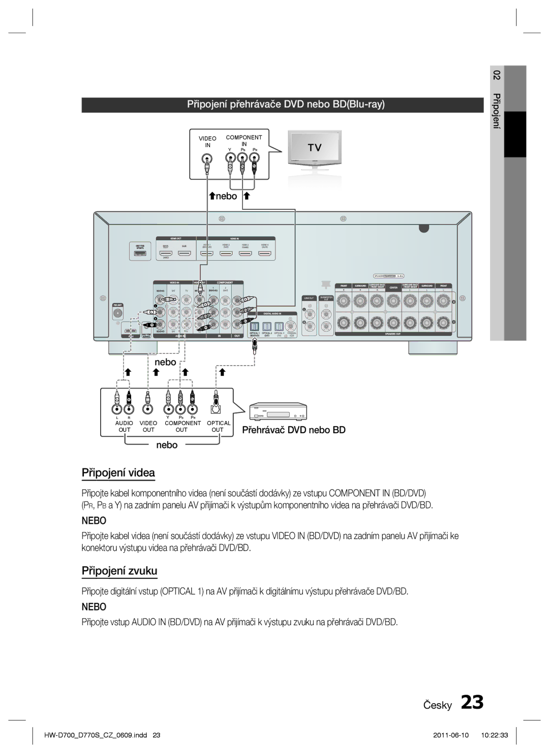 Samsung HW-D770S/EN manual Připojení přehrávače DVD nebo BDBlu-ray 