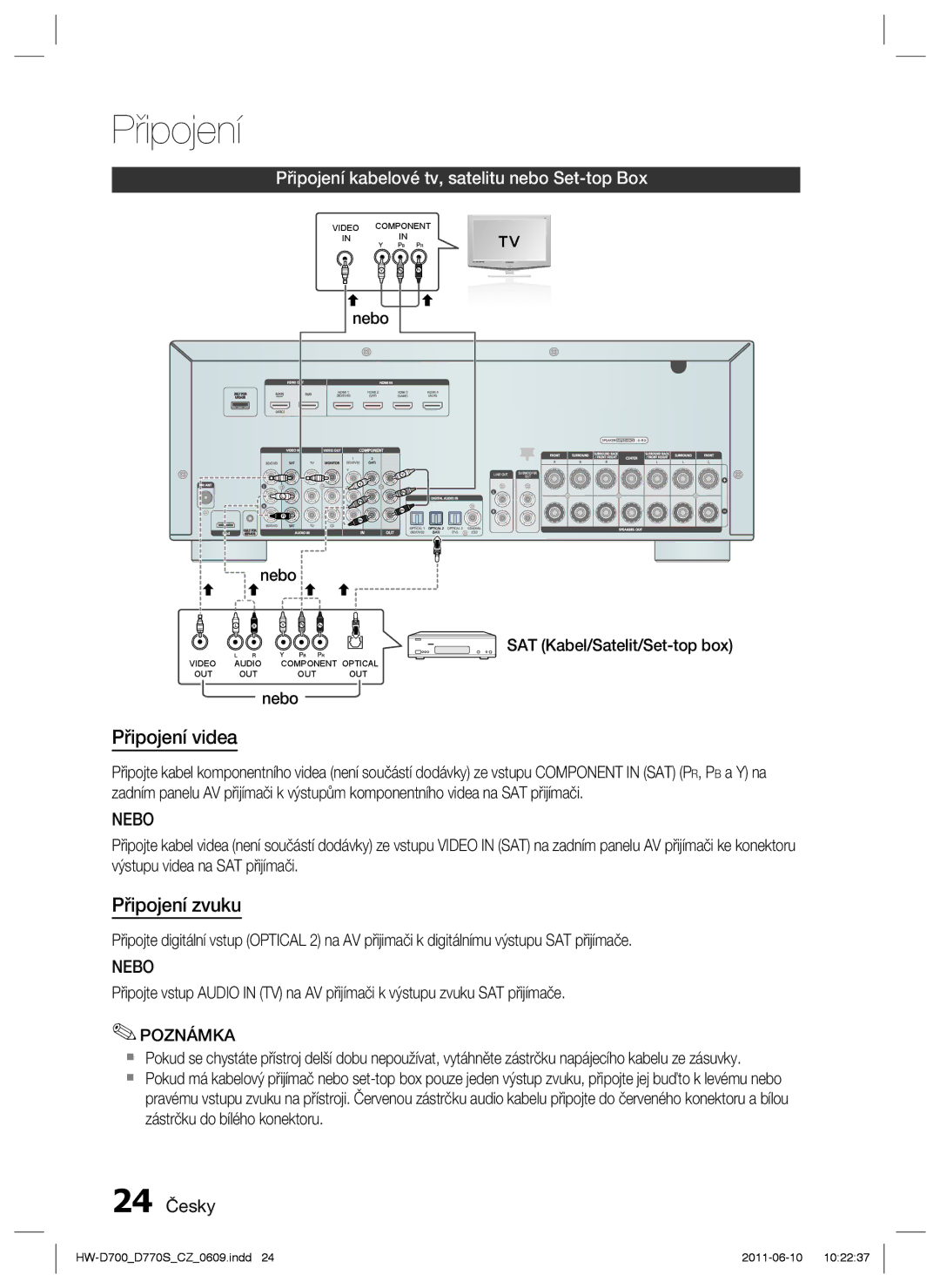 Samsung HW-D770S/EN manual Připojení kabelové tv, satelitu nebo Set-top Box, 24 Česky 