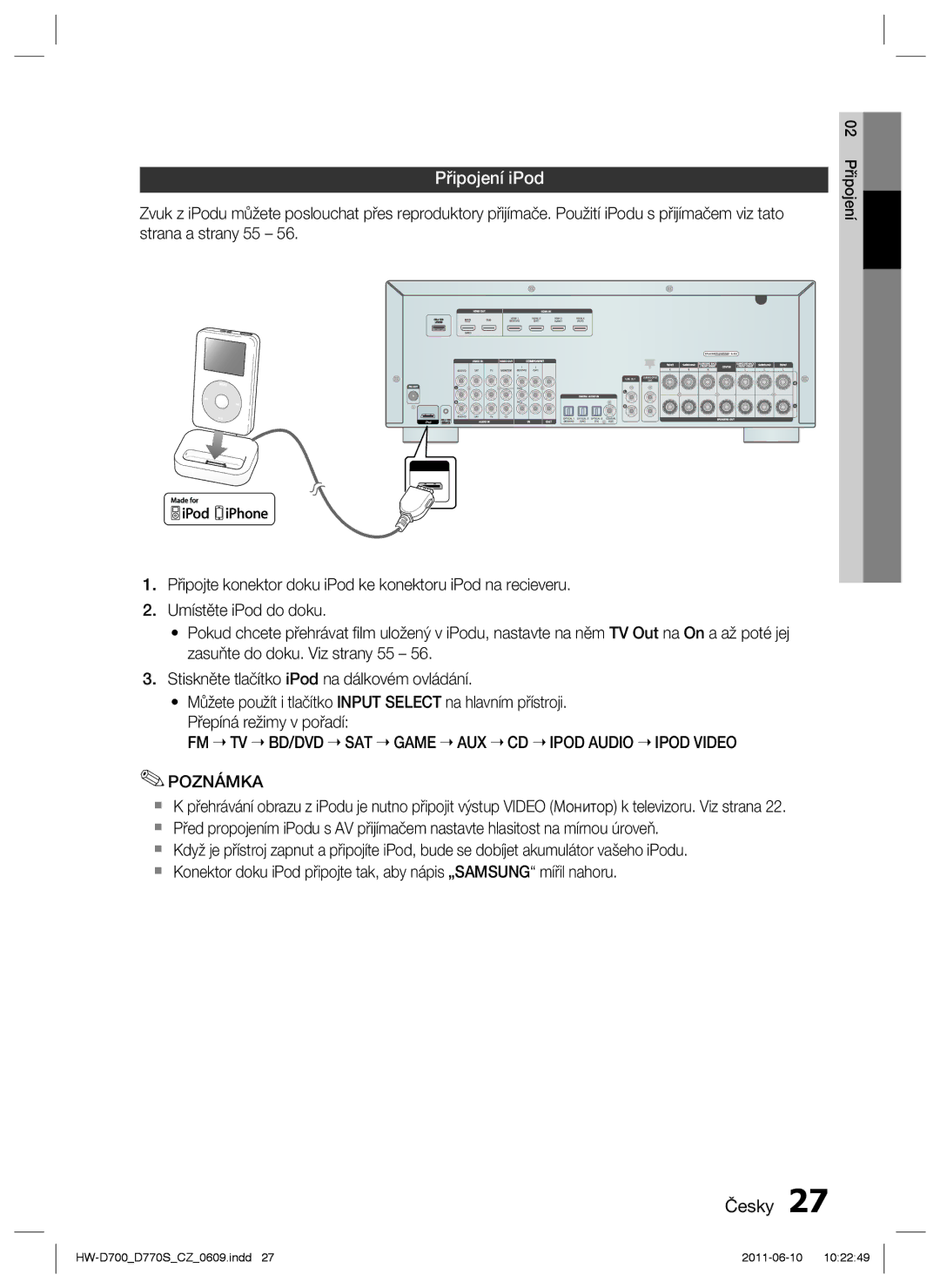 Samsung HW-D770S/EN manual Připojení iPod, FM TV BD/DVD SAT Game AUX CD Ipod Audio Ipod Video Poznámka 