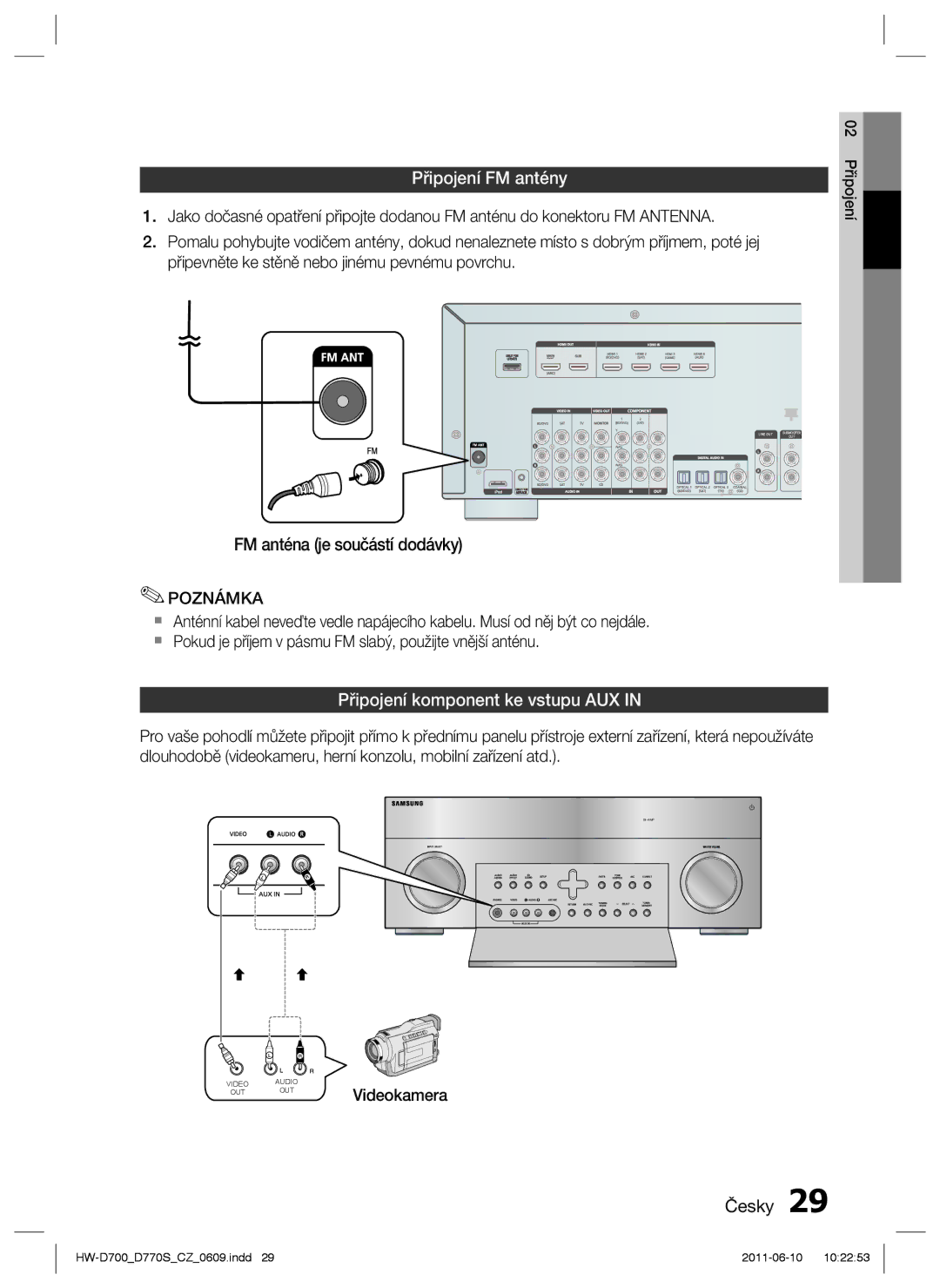 Samsung HW-D770S/EN manual Připojení FM antény, FM anténa je součástí dodávky, Připojení komponent ke vstupu AUX 