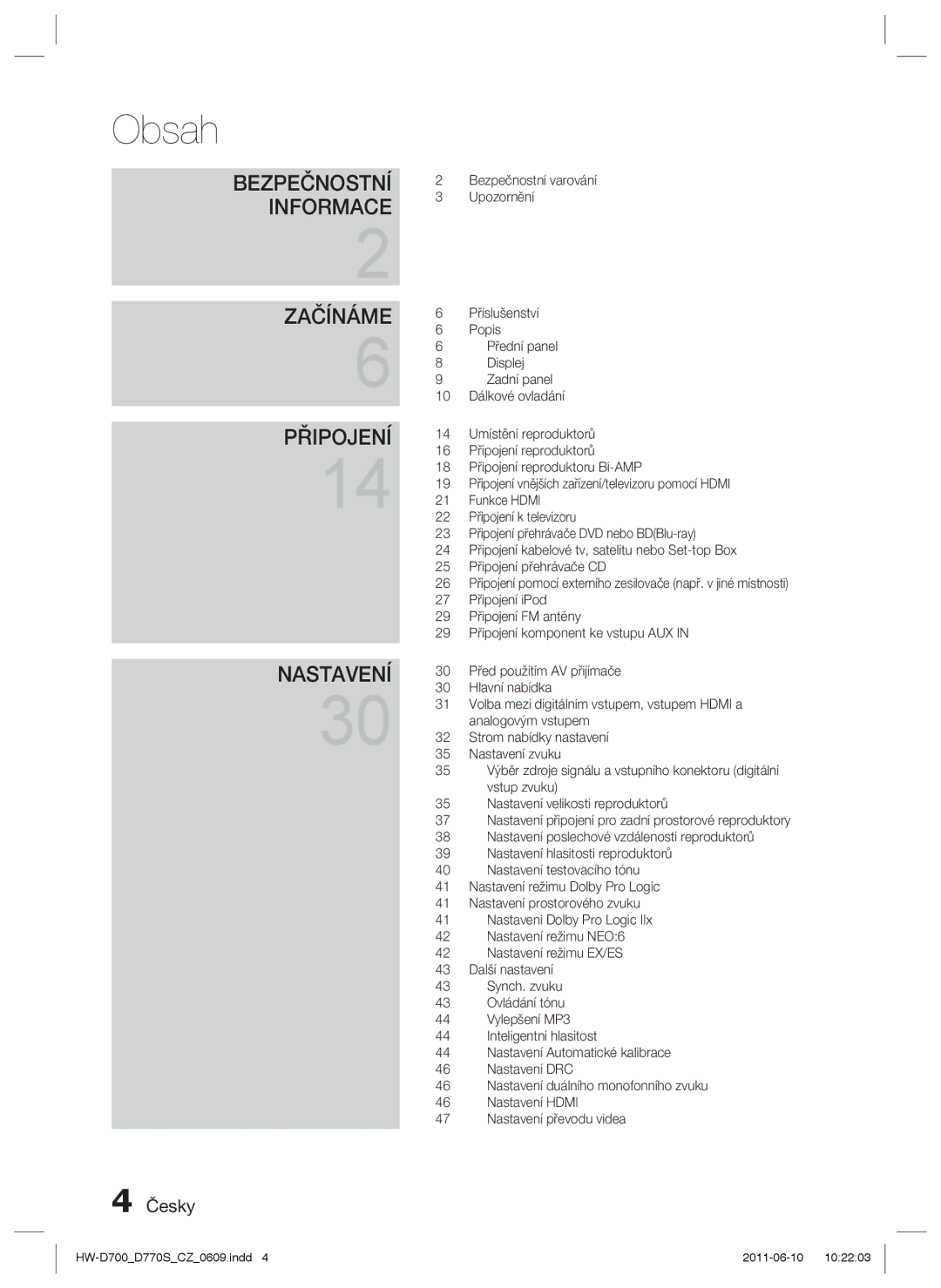 Samsung HW-D770S/EN manual Obsah, Připojení 