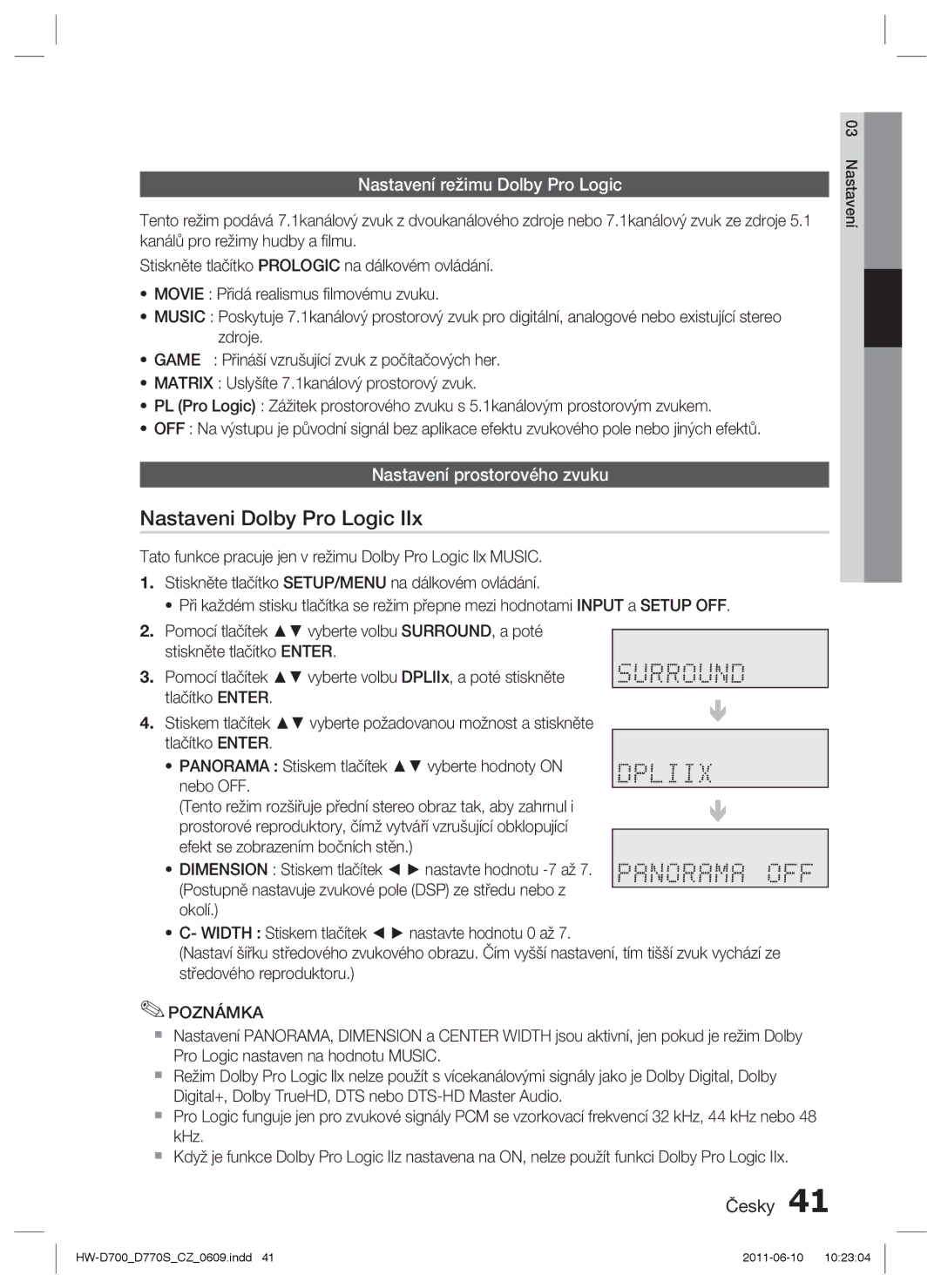 Samsung HW-D770S/EN manual Nastaveni Dolby Pro Logic, Nastavení režimu Dolby Pro Logic, Nastavení prostorového zvuku 