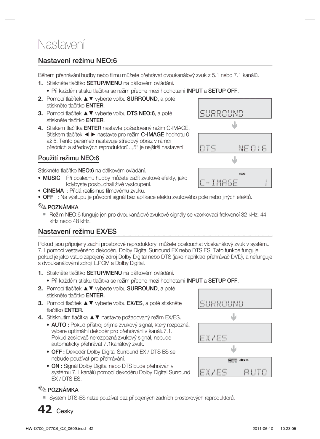 Samsung HW-D770S/EN manual Nastavení režimu NEO6, Nastavení režimu EX/ES, Použití režimu NEO6, 42 Česky 