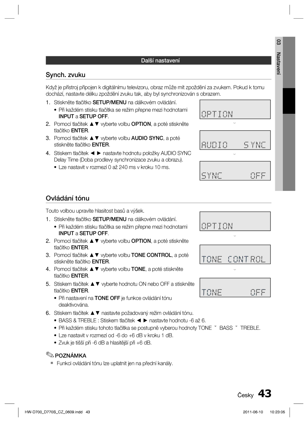 Samsung HW-D770S/EN manual Synch. zvuku, Ovládání tónu, Další nastavení 