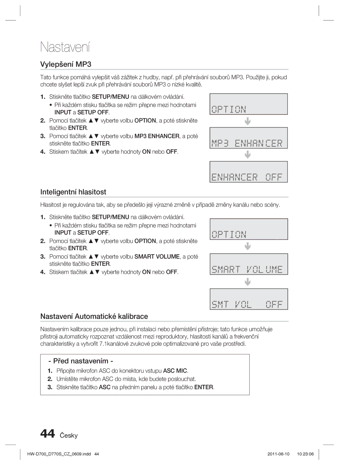 Samsung HW-D770S/EN Vylepšení MP3, Inteligentní hlasitost, Nastavení Automatické kalibrace, Před nastavením, 44 Česky 