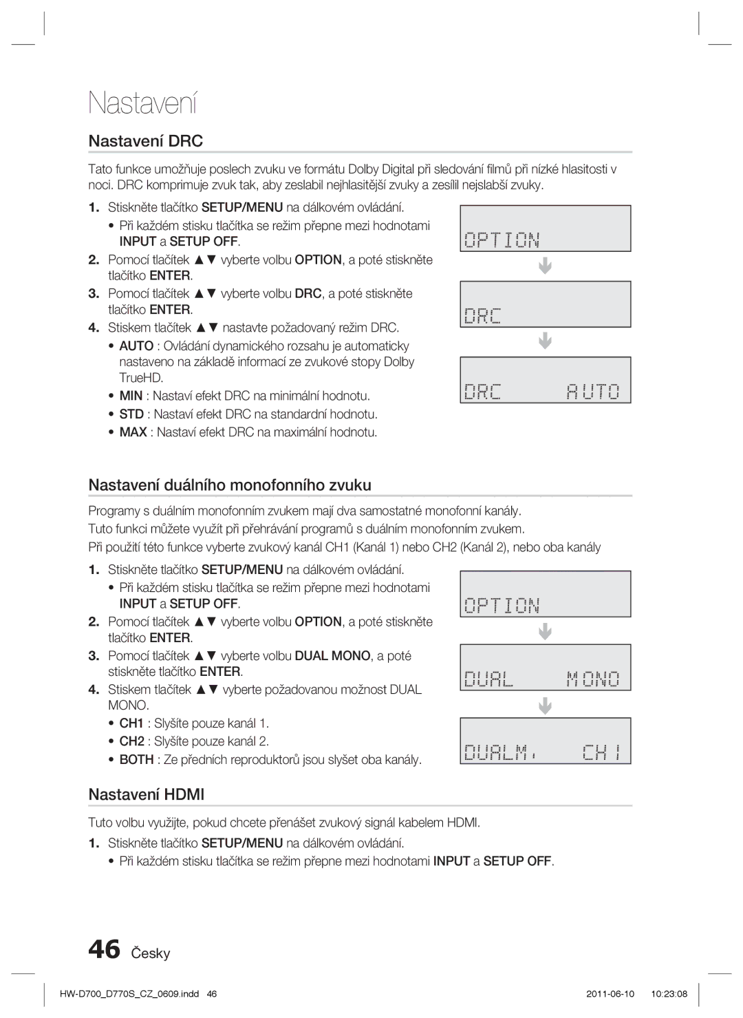 Samsung HW-D770S/EN manual Nastavení DRC, Nastavení duálního monofonního zvuku, Nastavení Hdmi, 46 Česky, Mono 