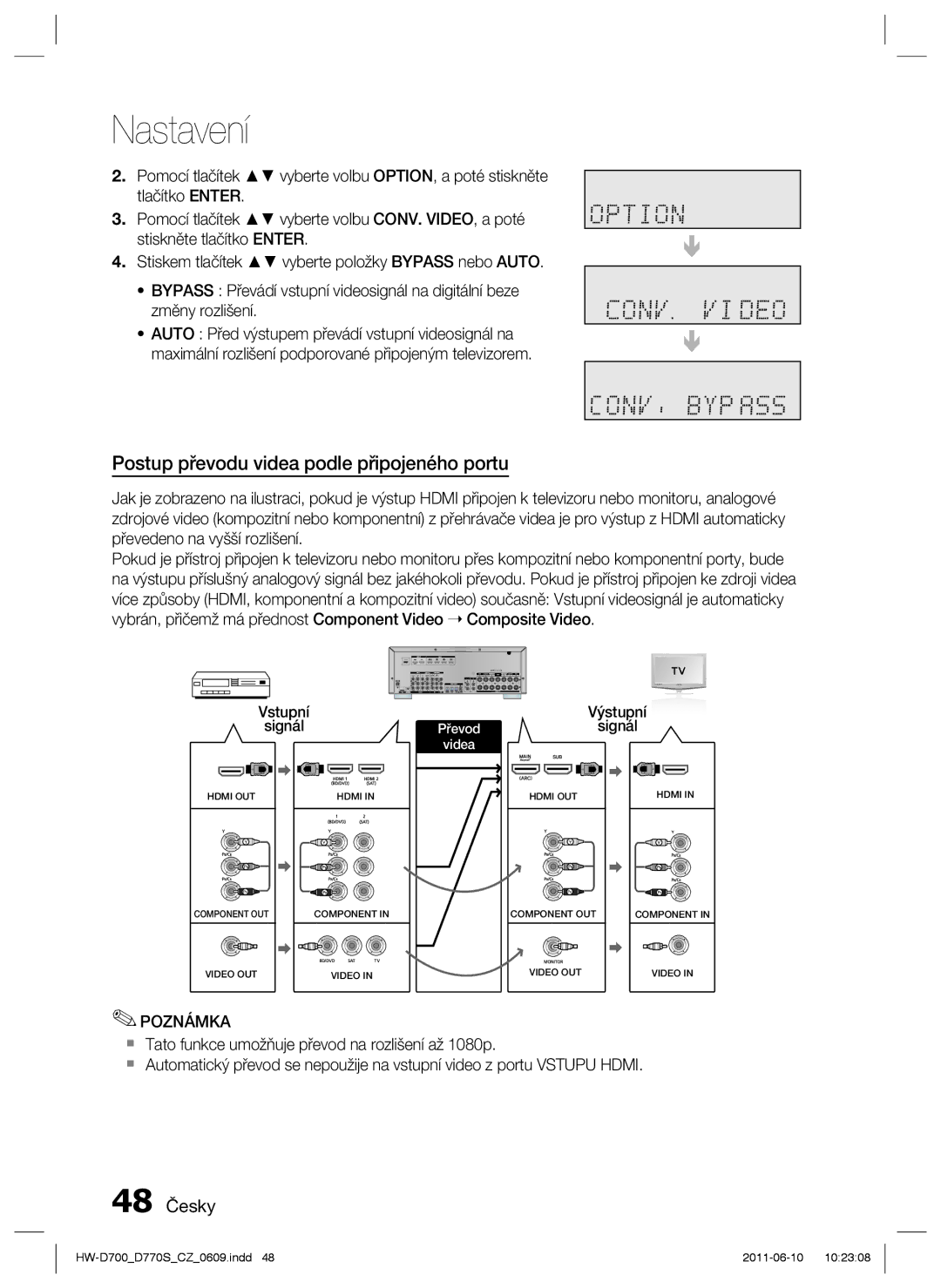 Samsung HW-D770S/EN manual Postup převodu videa podle připojeného portu, 48 Česky 